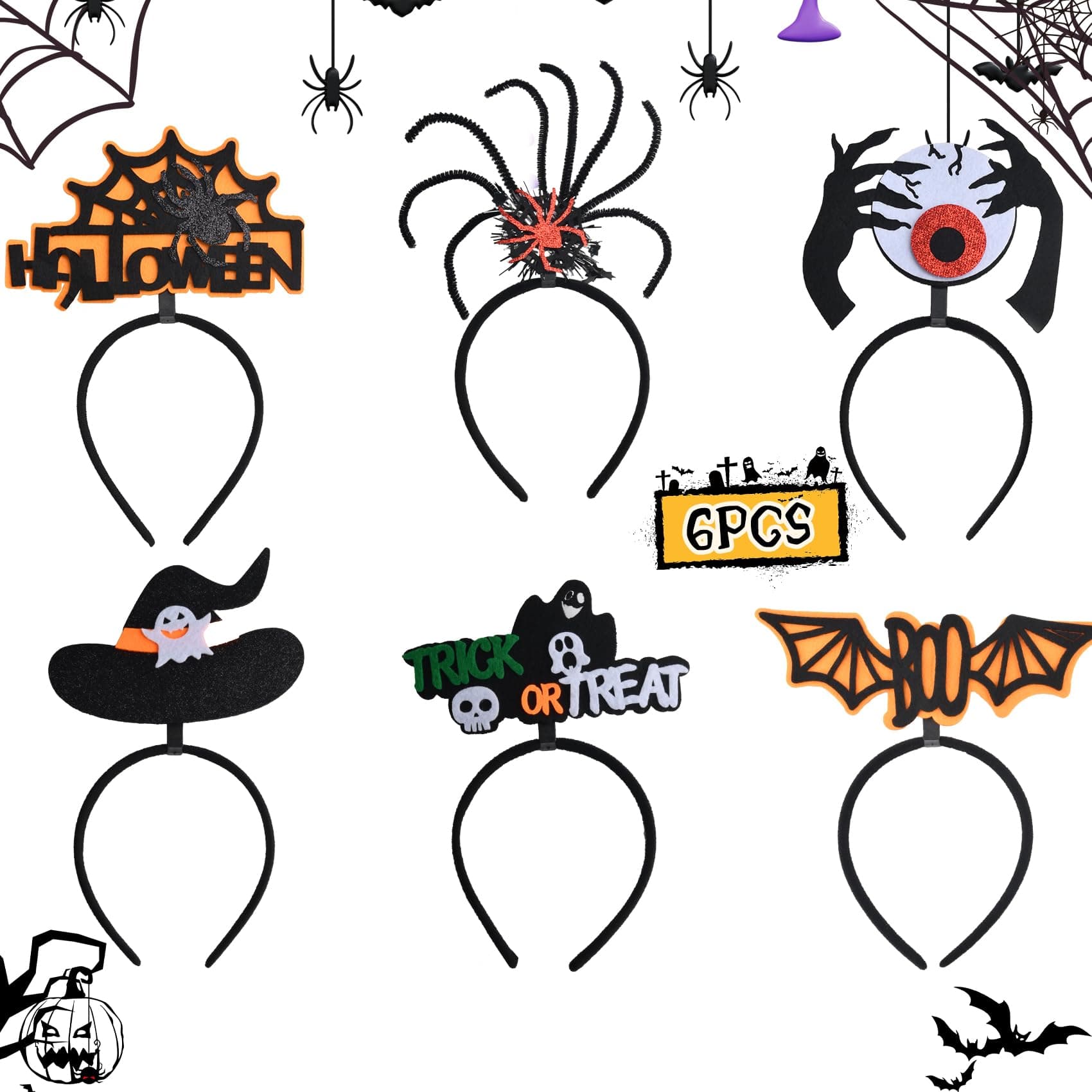 Abitoncc Halloween Headbands Bulk Pumpkin Devil Skull Hairband Witch Hat Headwear for Halloween Costume Cosplay Party Favors