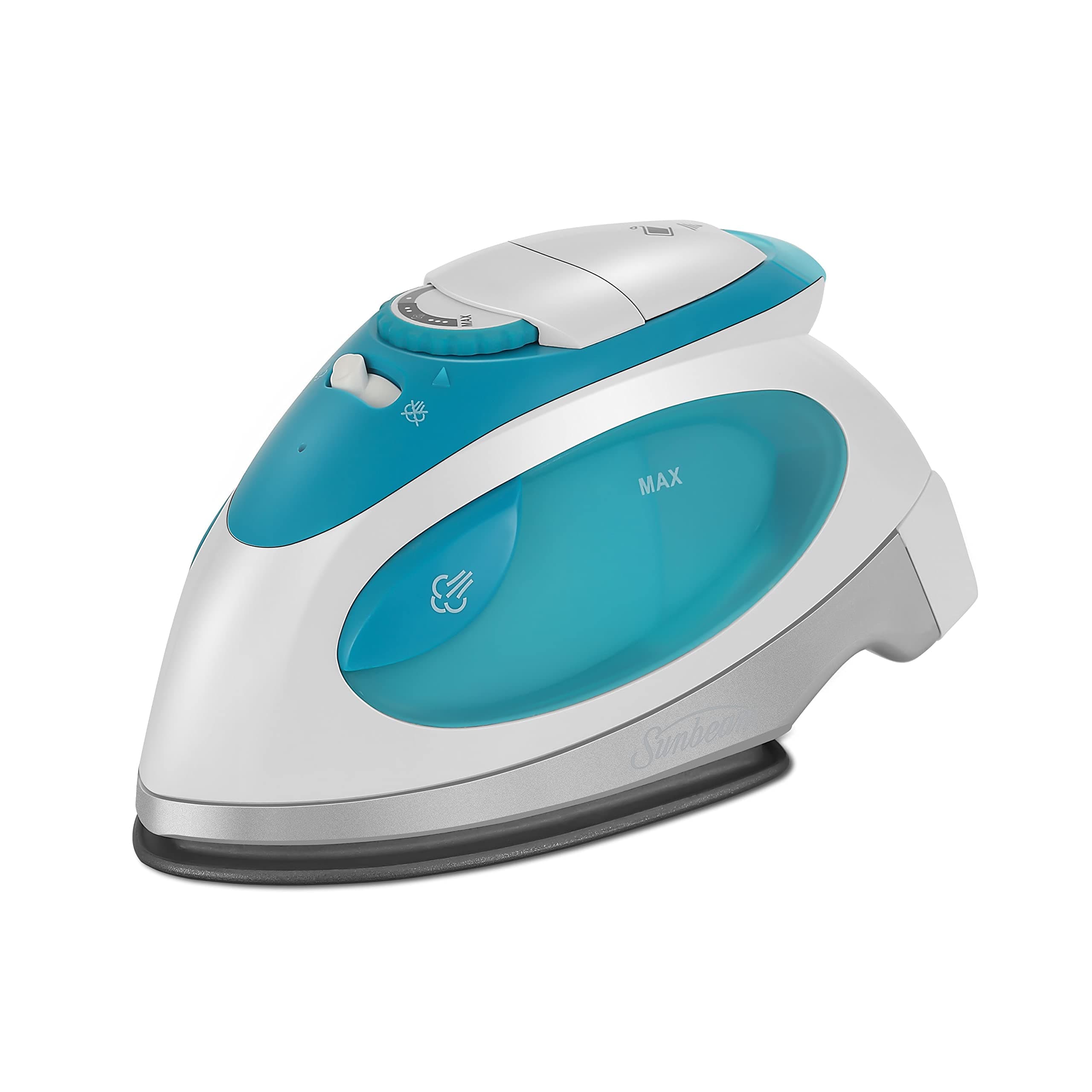 Travel Steam Iron, 1080 Watt, Dual Voltage 120/240, Compact Size, Portable, Non-Stick Soleplate, Soft Touch Handle, Horizontal or Vertical Use, Travel Bag, White and Teal