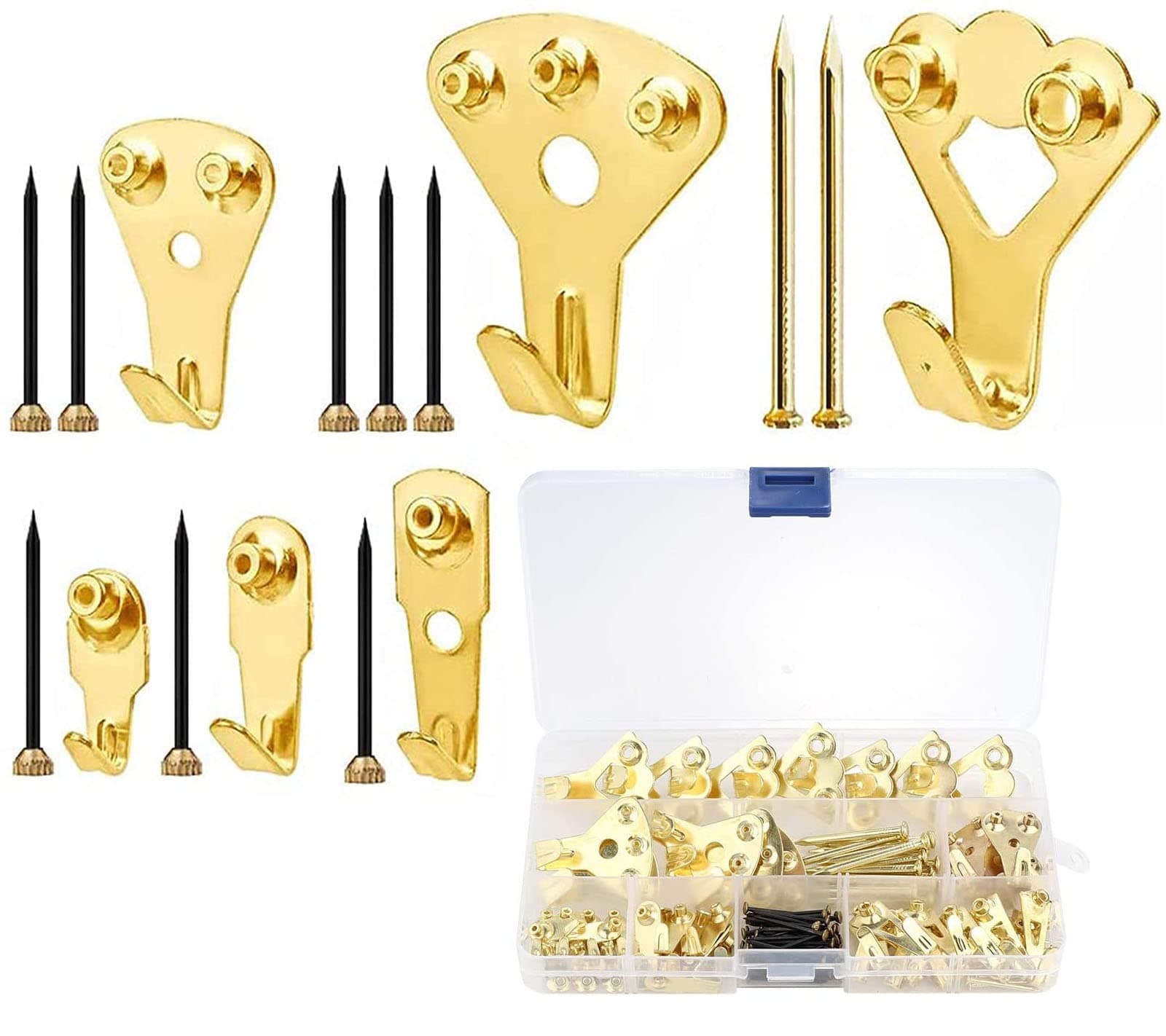 Picture Hangers Kit, 130Pcs Picture Hooks Frame Hanger Heavy Duty Picture Hanging Kit with Nails for Wall Mounting, Nails with Hardware for Drywall, Holds 10-100 lbs, Golden