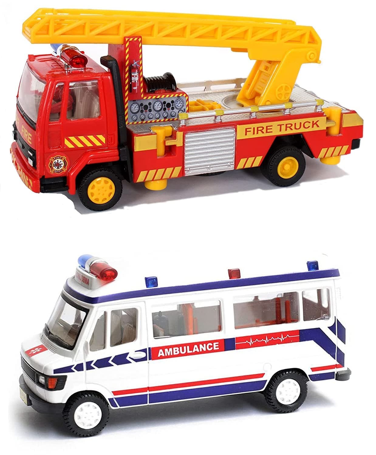 Pull Back Ambulance and Fire Ladder Truck Toys for Kids | Friction Powered Emergency Vehicle Set | Durable Plastic Miniature Cars | Fun Gift for Boys & Girls Age 3+ Years - Multicolor (Pack of 2)