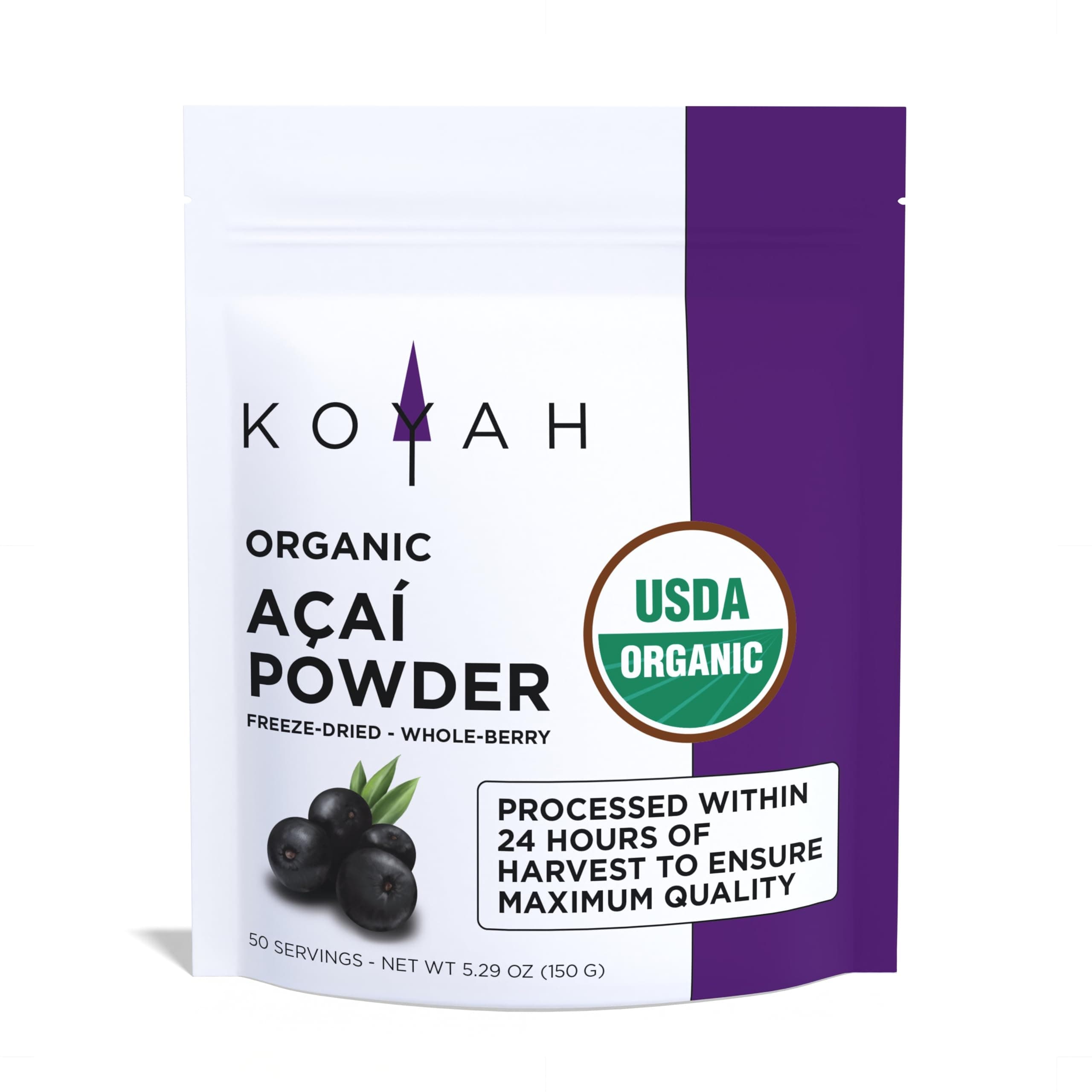KOYAH - Organic Acai Powder (150g - 50 Servings): Brazil Grown, Freeze-Dried, 100% Pure, No Citric Acid Added, Great in Smoothies and Bowls