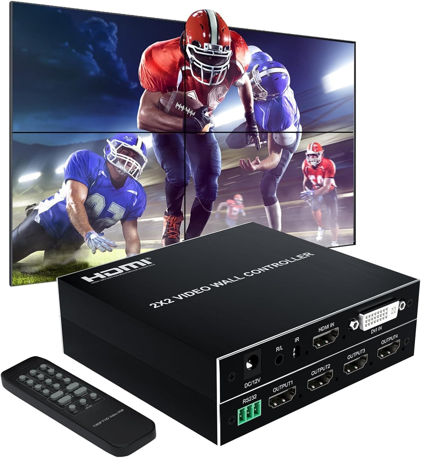 YHS 4K 2x2 Video Wall Controller Splitter (2021Version) 4X1 Quad viewer 1 HDMI/DVI Input 4 HDMI OutputTV Processor Images Stitching Video Wall Processor with RS232 Control (KMTR86)
