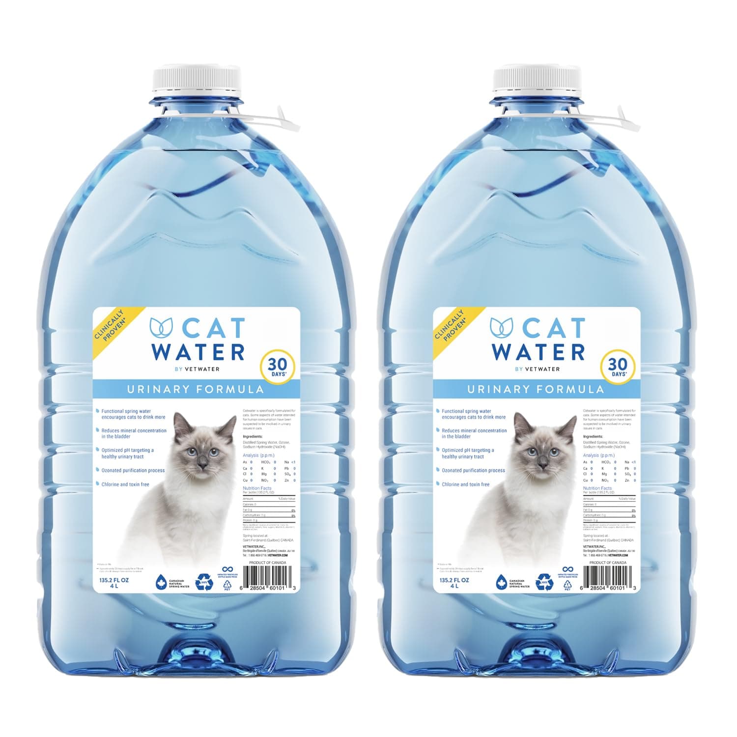 CATWATER by VETWATER | ph-Balanced and Mineral-Free Cat Water | Clinically Proven Urinary Formula | Helps Prevent Cat Urinary Issues, FLUTD | 135.2 oz, 2-Pk, Clear (CW60101-2)