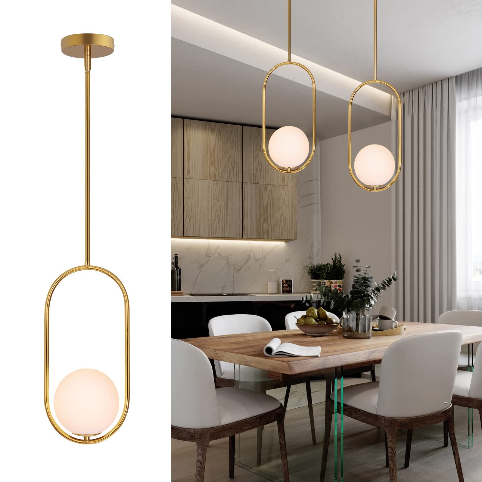 Modern Style Brass Pendant Lighting Gold Hanging Light Fixture for Sloped Ceiling,Single Light Chandelier Globe Pendant Light for Kitchen Island,Dinning Room Bedside Lighting