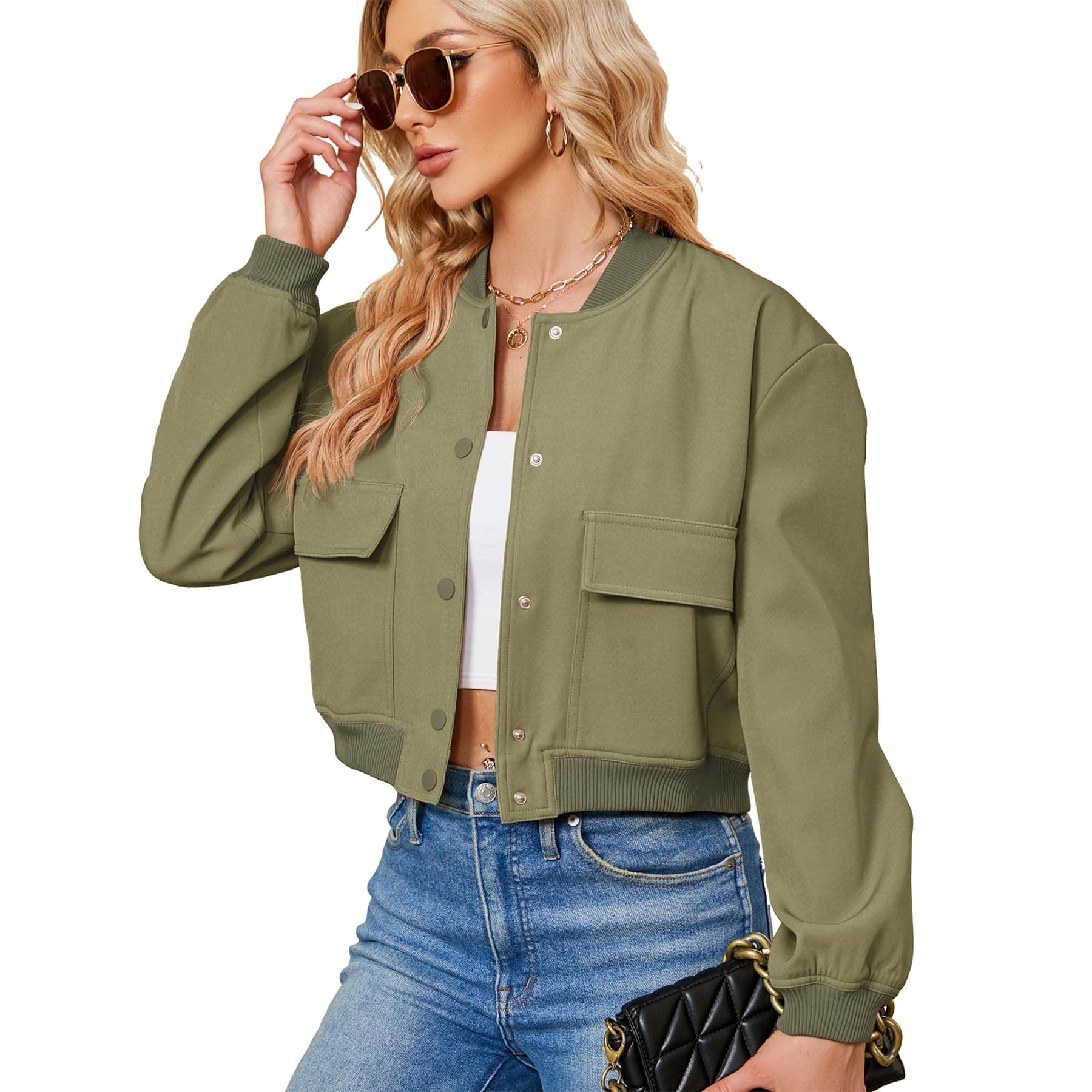 Zando Bomber Jacket Women 2026 - Short Cropped Jacket Women Button Down Long Sleeve Casual Varsity Jackets with Pockets