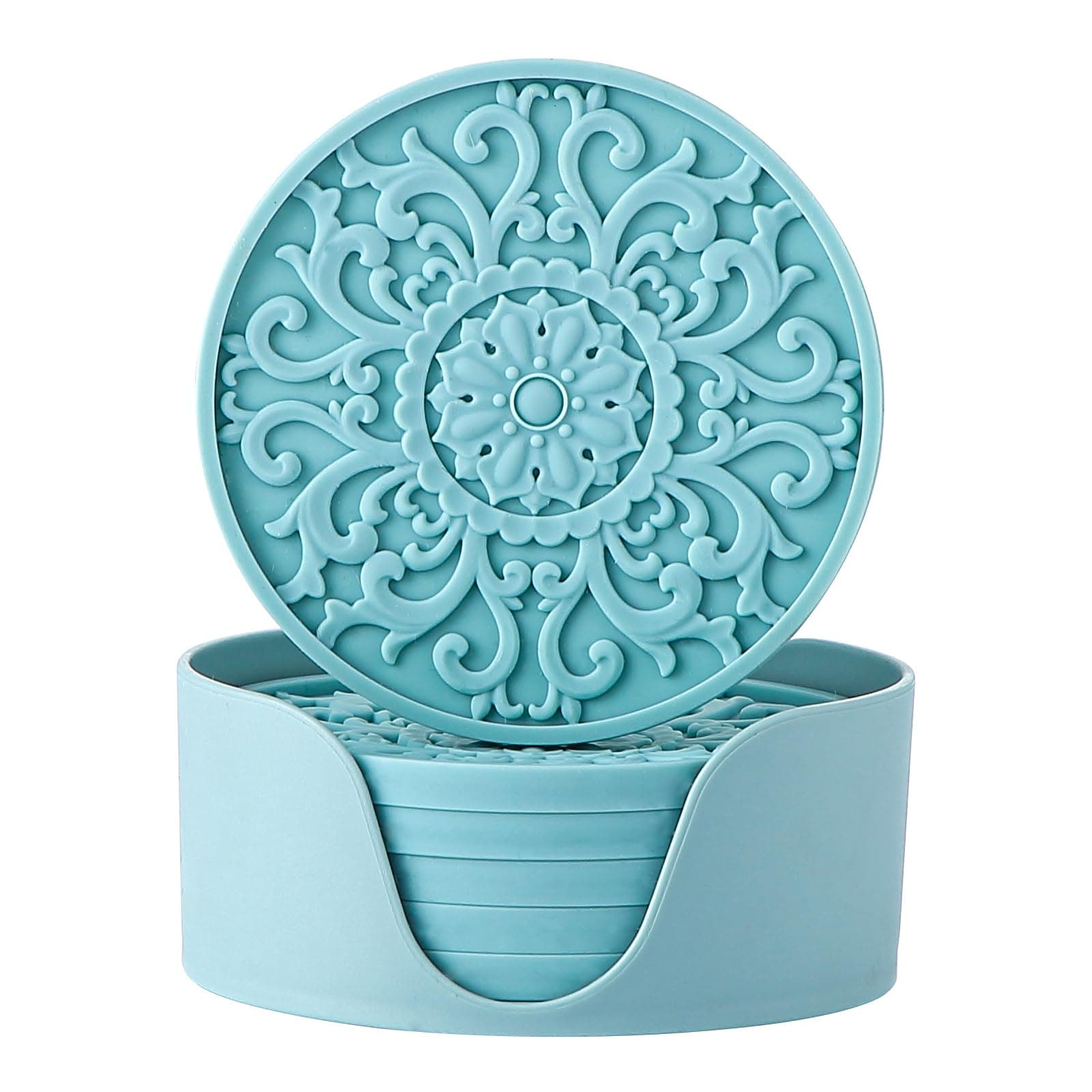 Colinda Silicone Coasters - Set of 6 with Holder, Non-Slip Cup Mats for Hot and Cold Drinks, Decorative Designs, Gift Ready Packaging,Turquoise