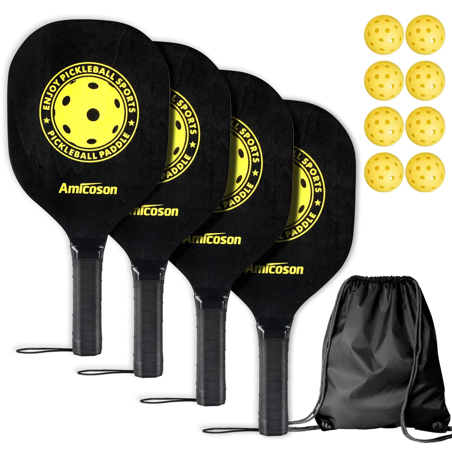 Amicoson Pickleball Paddles - Set of 4 Wooden Paddles, Indoor & Outdoor Balls, Ergonomic Grip, 8 Balls & 1 Carry Bag