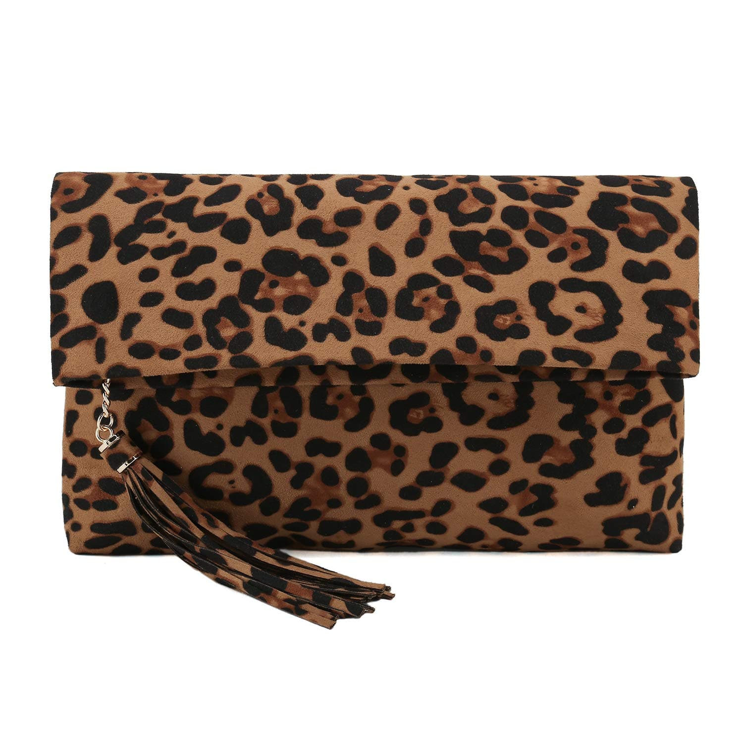Leopard Clutch Bag for Women Tassel Foldover Clutch Faux Suede Dressy Purse for Day to Evening (Brown)