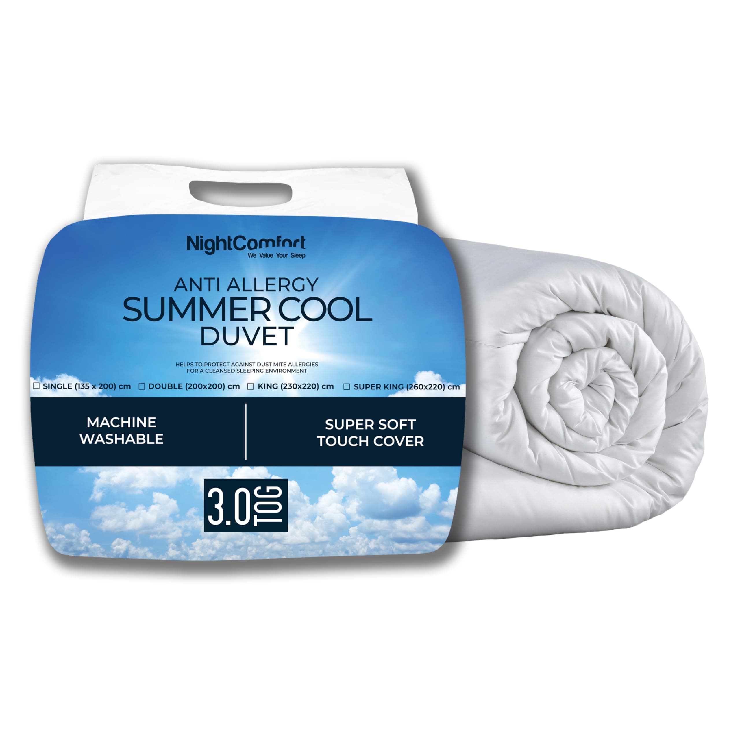 Night Comfort Summer Cool 3 Tog Anti-Allergy Single Duvet - Breathable Premium Microfibre Cover with Lightweight Hypoallergenic Hollowfibre Filling Bedding Quilt - (200cmx135cm, White)