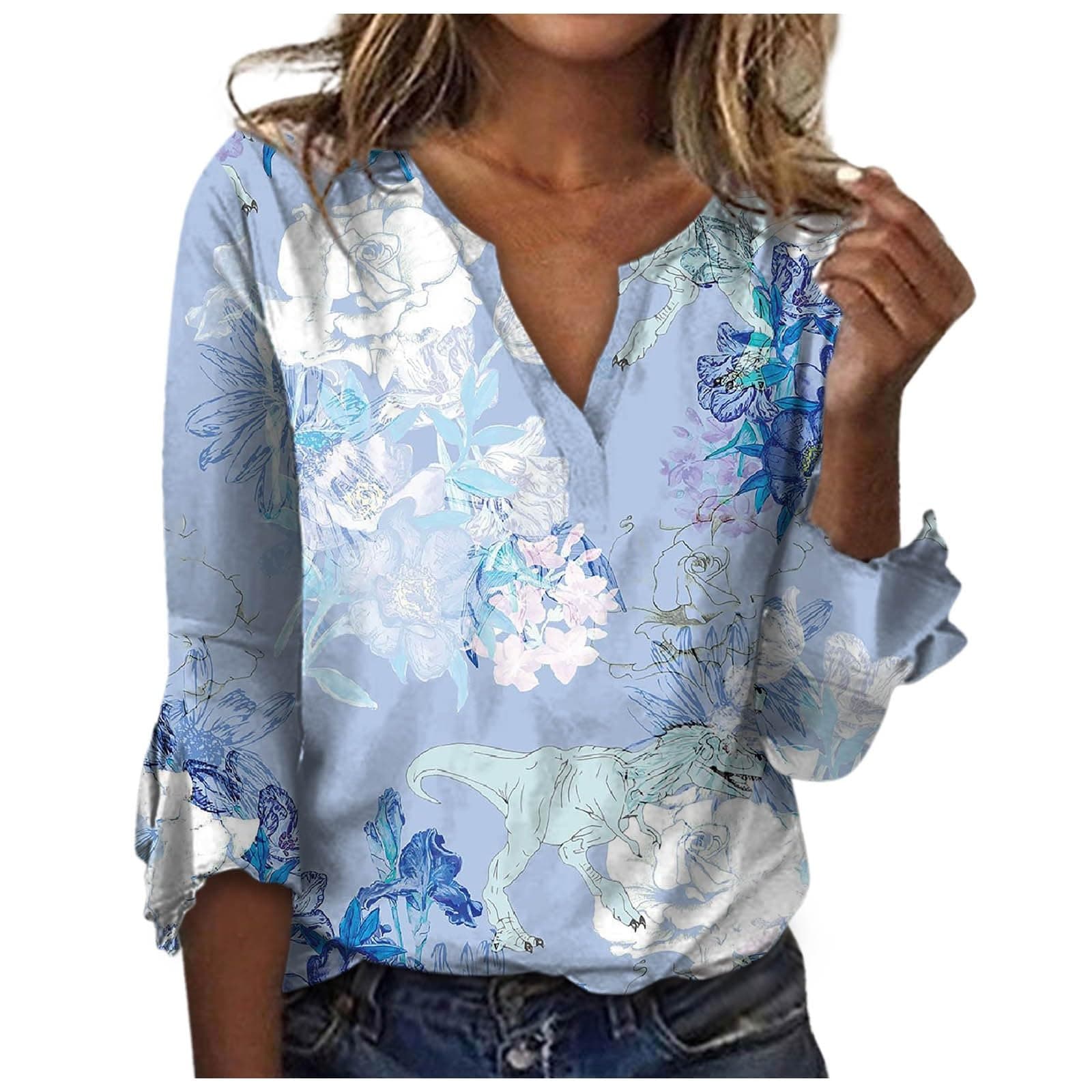 Ladies Blouses, Women's 3/4 Sleeve Tops Flounce Sleeve Chic Vacation Floral Printed Slim Fit Basic Elegant Summer Tops for Women UK Business Office Floaty Tops for Women UK