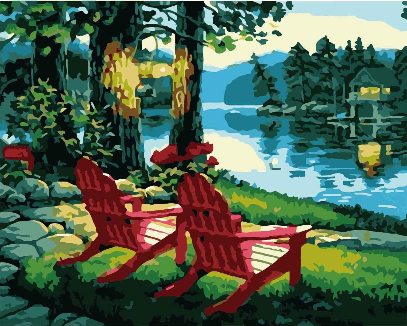 [Wooden Framed]DIY Painting by Numbers for Adults, Paint by Number Kits Drawing with Brushes Paint Suitable for All Skill Levels- Lakeside 12x16 Inch