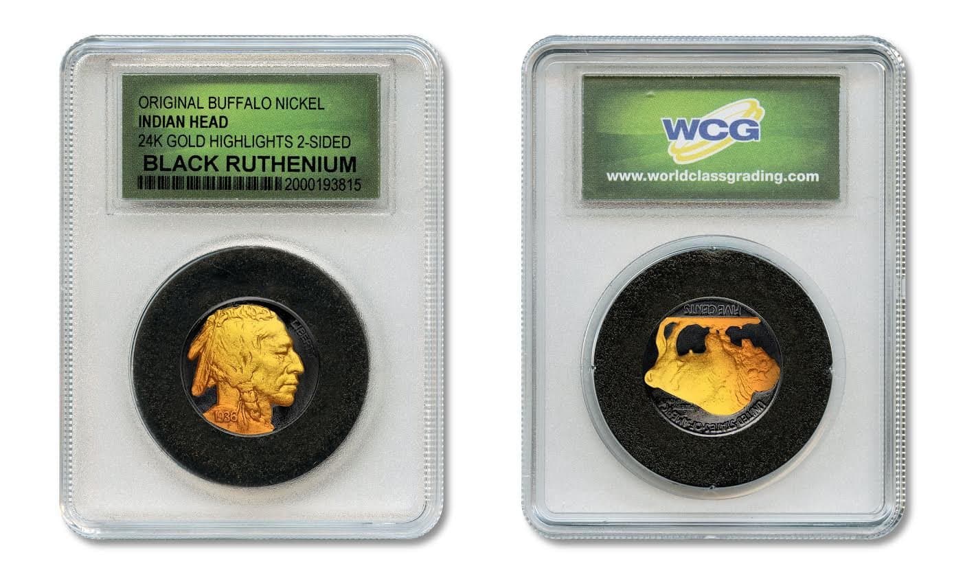 Black Ruthenium Indian Head Buffalo Nickel 1930 W Mint Mark, Proof Grade by World Class Grading Service, 24KT Gold Clad Highlights, 100% Nickel with Black Ruthenium Coating, 2 Cents