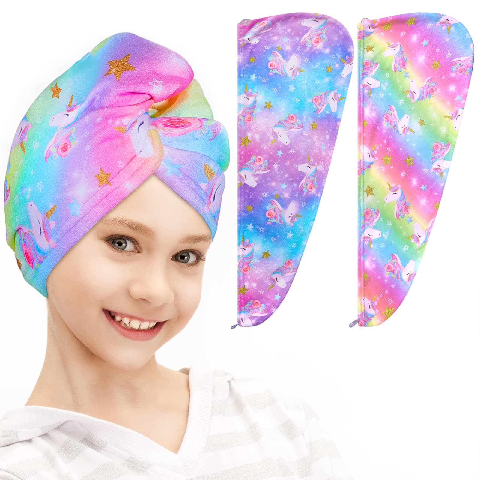 FIOBEE Microfiber Hair Towel Wrap for Kid Rapid Drying Towel Absorbent Hair Turbans for Wet Hair with Button Women Girls Long Curly Hair Pack of 2, Rainbow