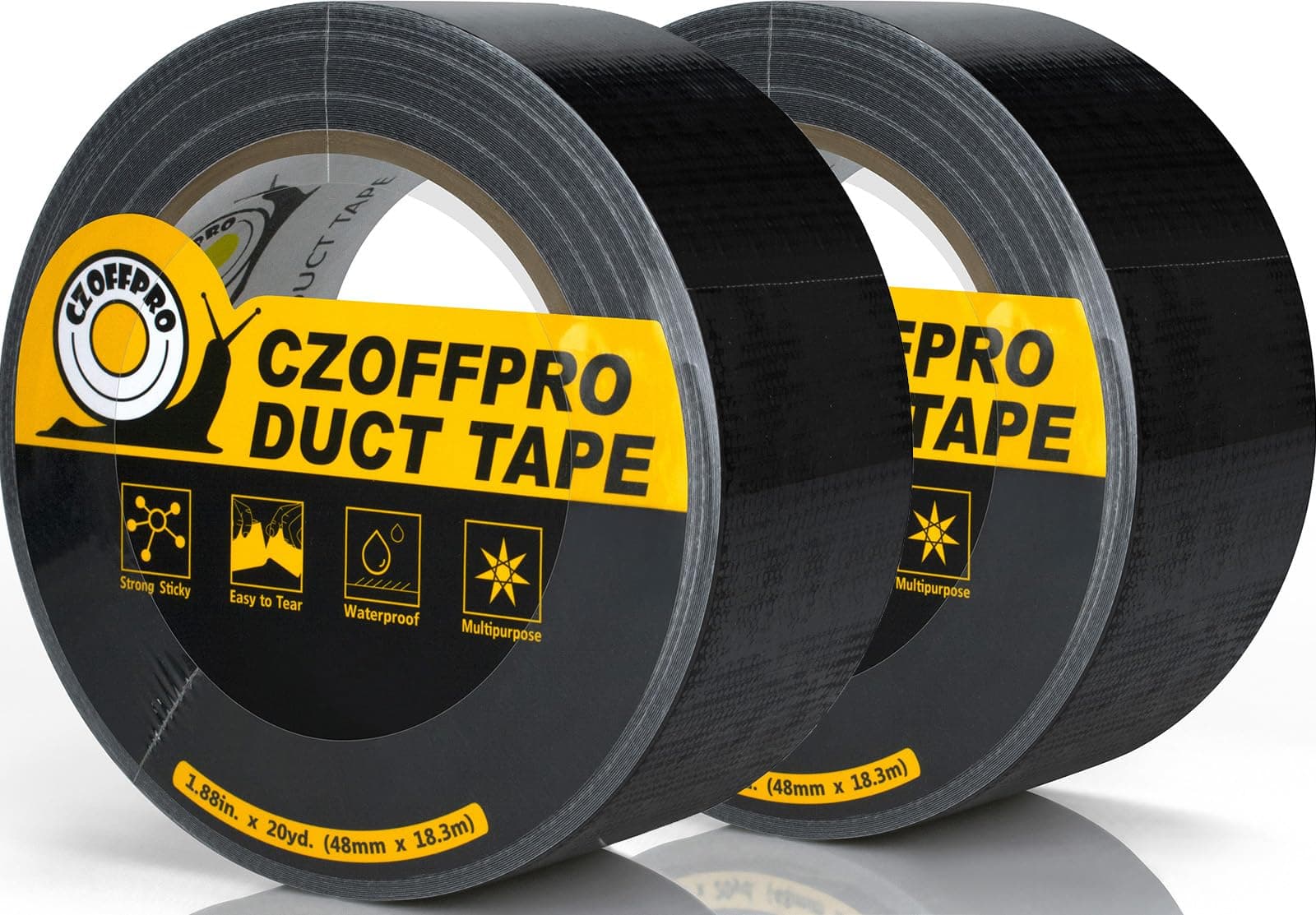 CZoffpro Duct Tape Heavy Duty - Ultra Strong Black Duct Tape with Waterproof Backing, Easy to Tear by Hand, 1.88 in x 20 Yard x 2 Rolls, Black