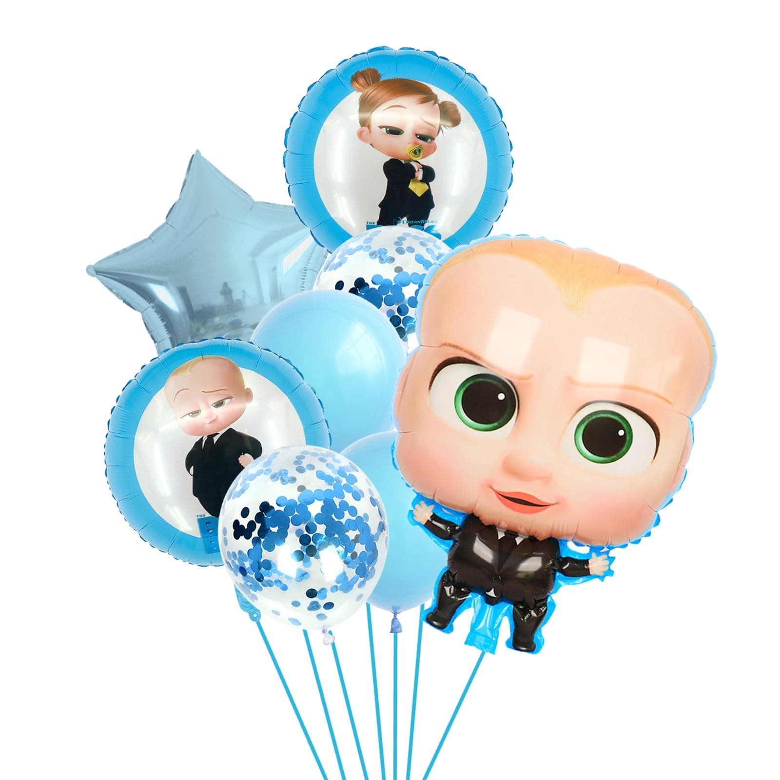 8pcs Baby Boss Birthday Balloons, Blue & White Set Party Decoration With Character Shape, Star Shaped Round Aluminum Foil Balloons, Suitable for Kids Boy Birthday Party Gifts