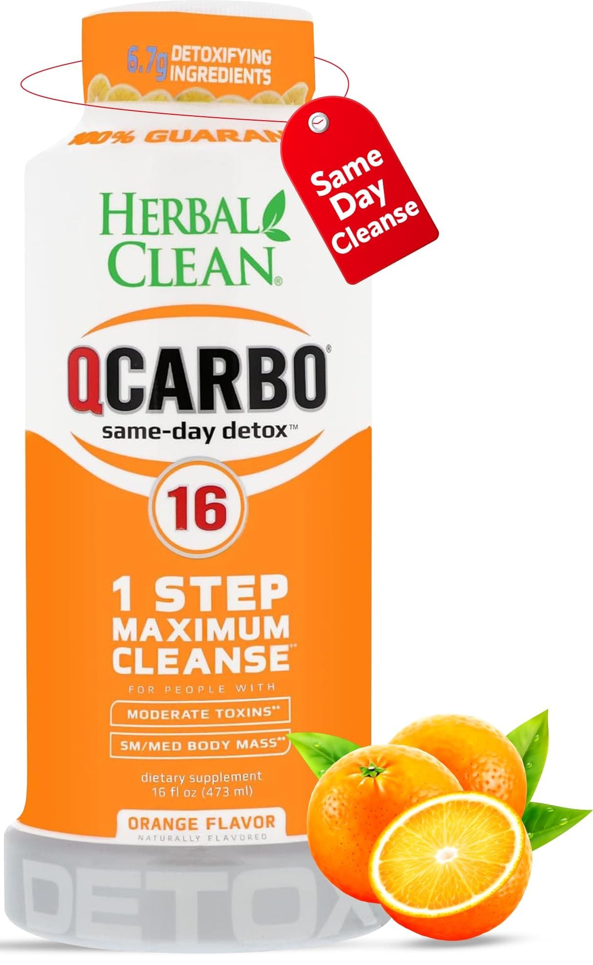 Herbal Clean Qcarbo16 Same-Day Detox Cleanse Drink (16 fl oz) - Orange Flavor Full Body Cleanse* Detox Drink for Moderate Toxin Level*, Vitamin B2 and Vitamin B12 for Men & Women