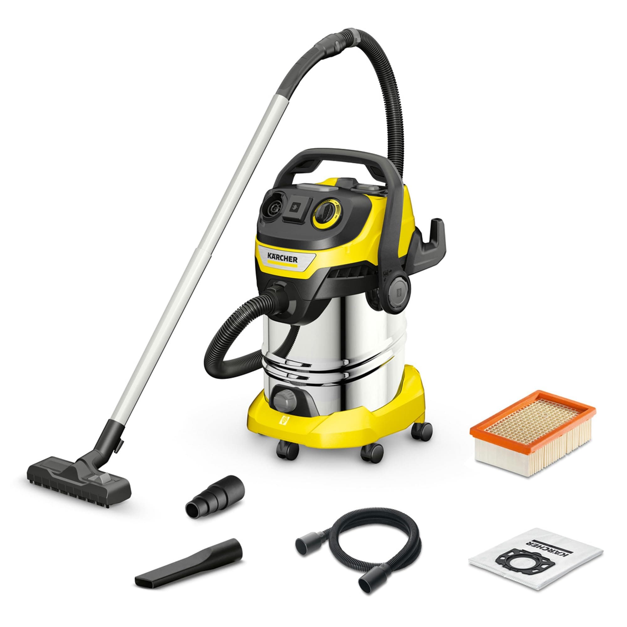 Kärcher Wet and Dry vacuum cleaner WD 6 P Premium, blower function, 1,300 W, stainless steel container: 30 l, suction hose: 2.2 m, extension hose, power outlet, drain screw, floor and crevice nozzle