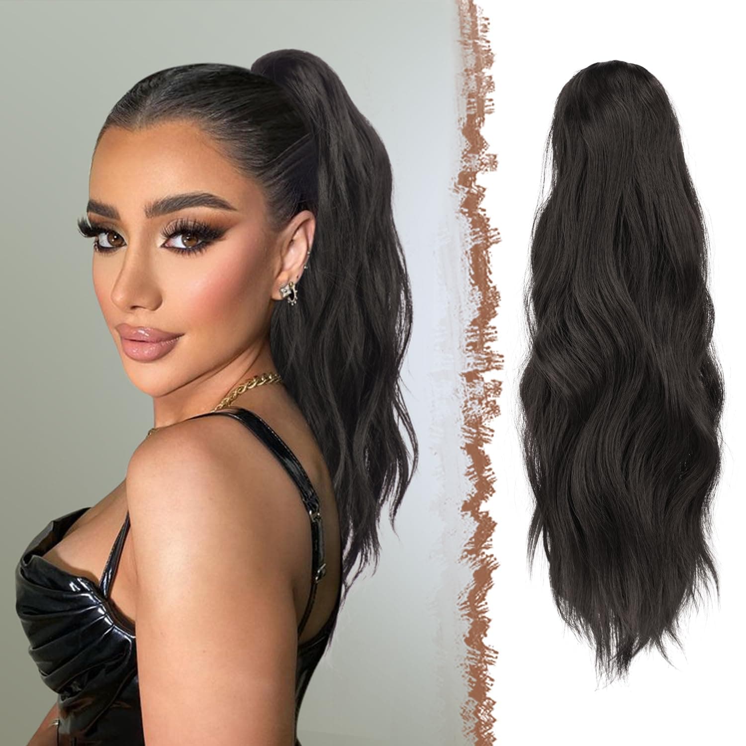 FESHFEN Ponytail Extensions, Long Claw Clip in Ponytail Hairpiece Synthetic Natural Black Pony Tails Hair Piece Ponytail with Claw Clip Natural Wavy Hairpieces for Women, 20 inch