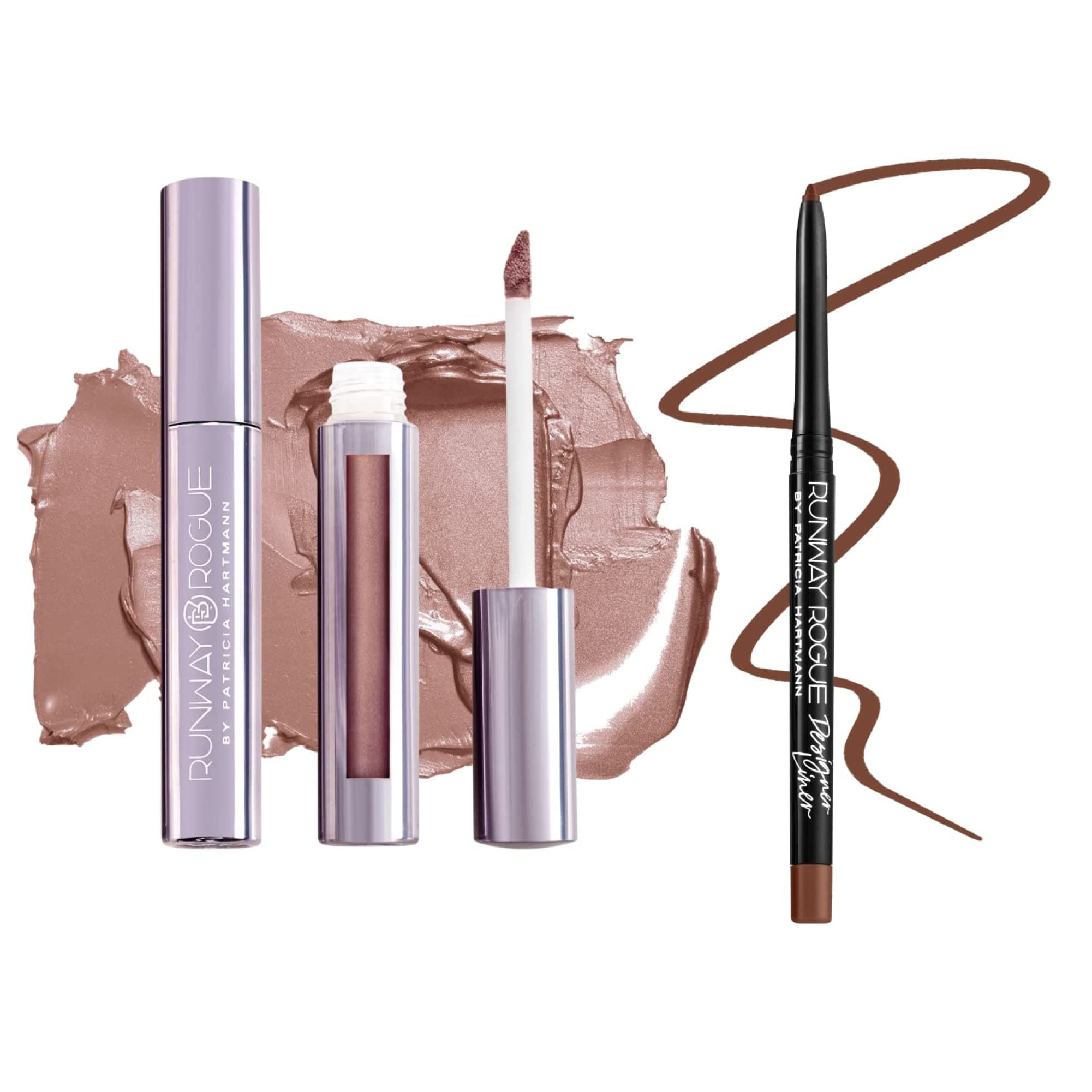 - Runway Rogue ‘Soft Light’ Dark-Pink Pearl Glam Shimmer Long Wear Liquid Lipstick Bundle with ‘Trendsetter’ Soft-Mocha Designer Liner Lip Liner