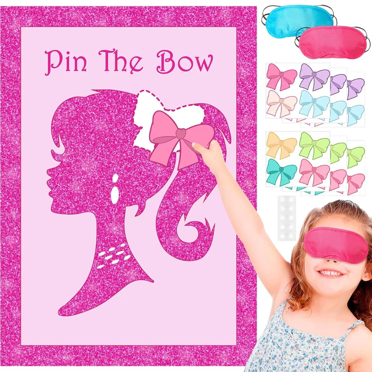 FZR Legend Pink Girl Party Supplies Decorations, Cute Girls Princess Pin The Bow on the Head Party Game, Large Poster with 24 Bow Stickers, Party Favors for Kids Birthday Parties