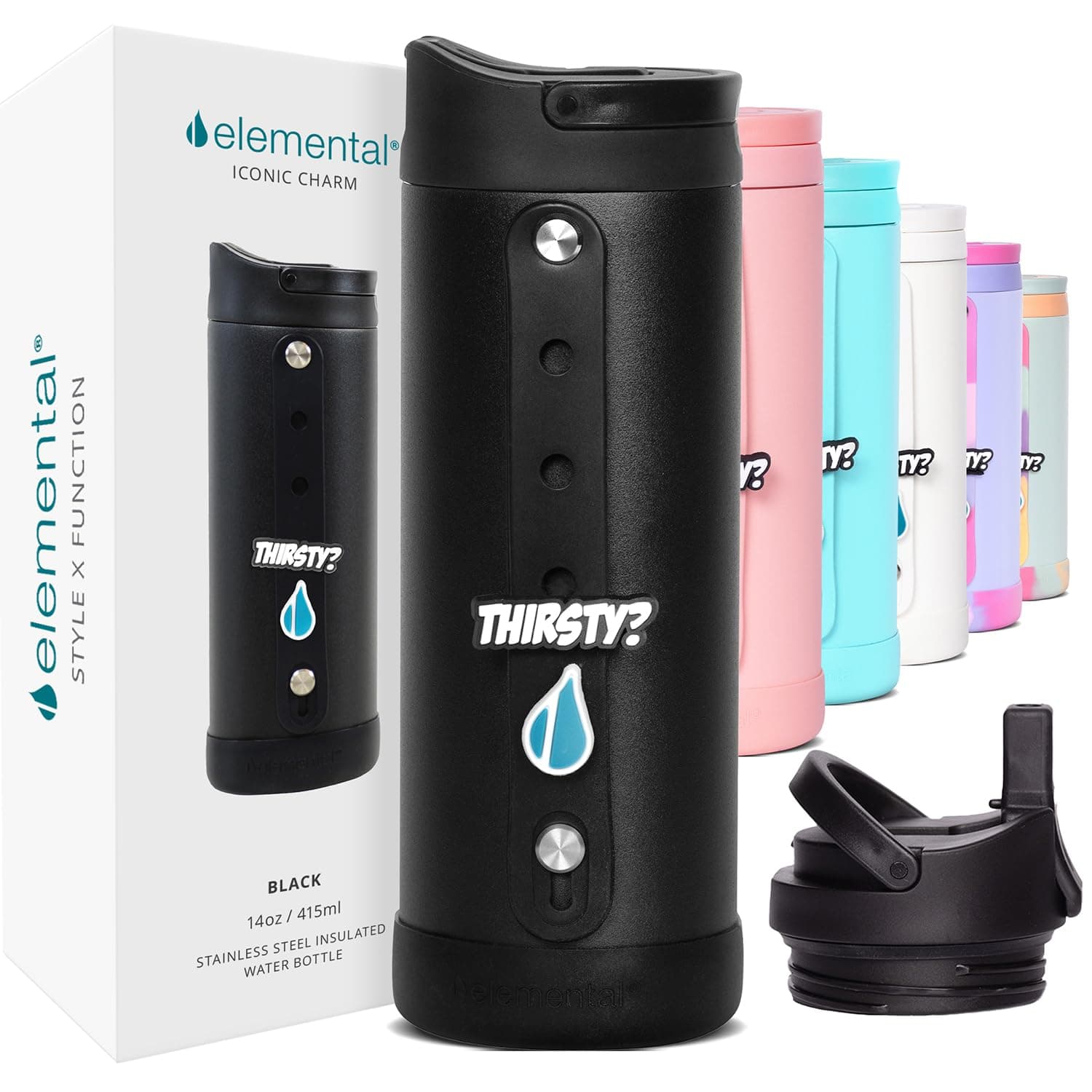 Elemental Iconic Kids Water Bottle with Straw Lid & Charms Strap, Leak-Proof When Closed, Triple Insulated Stainless Steel Reusable Water Bottle - 14oz, Black