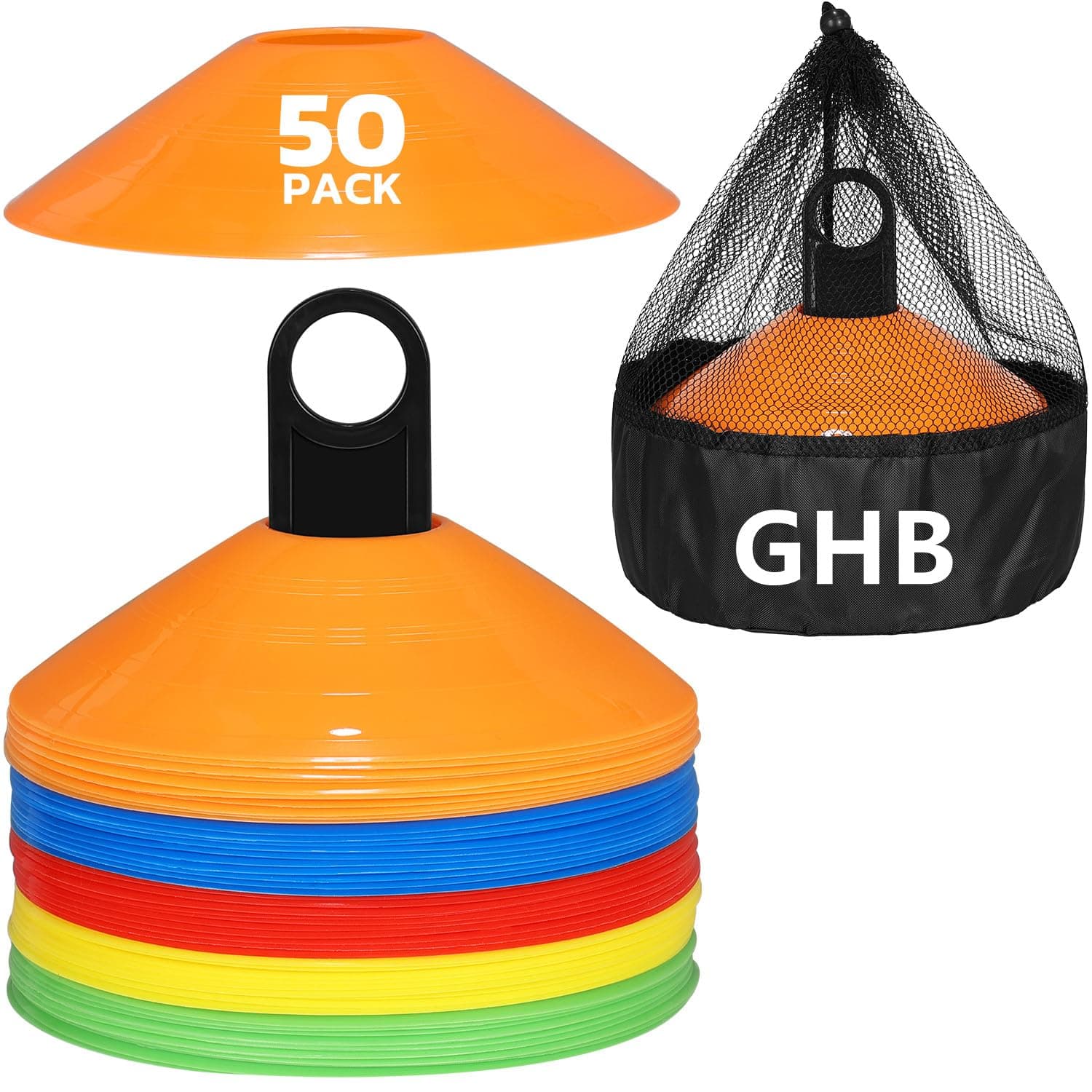 GHB Soccer Cones 25/50/100 Pack Disc Soccer Sport Cones Training Field Marker Agility Cones for Traffic, Basketball, Coaching, Practice Equipment Includes Cone Drills Guide