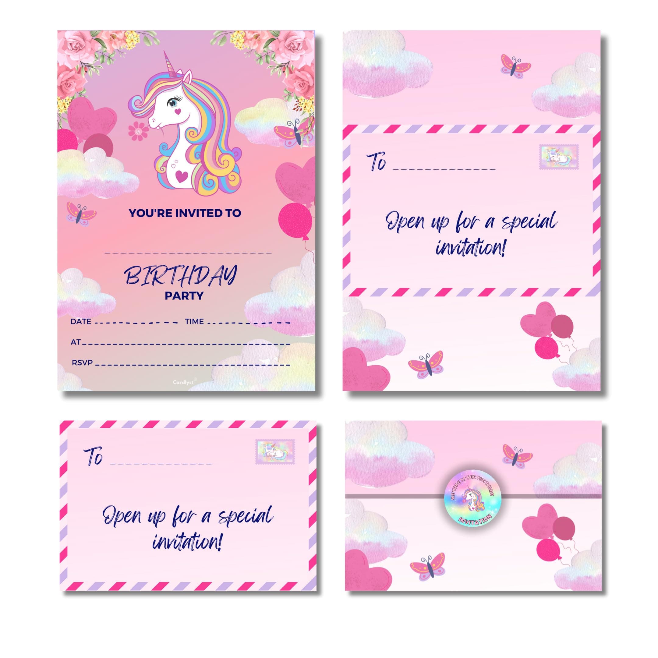 24-32 Kids Childrens Unicorn Birthday Party Invitations Kids Invites with Folding Envelope Design and Stickers Pack of 24-32 Invites for Boys and girls - Printed and designed in UK!… (24)