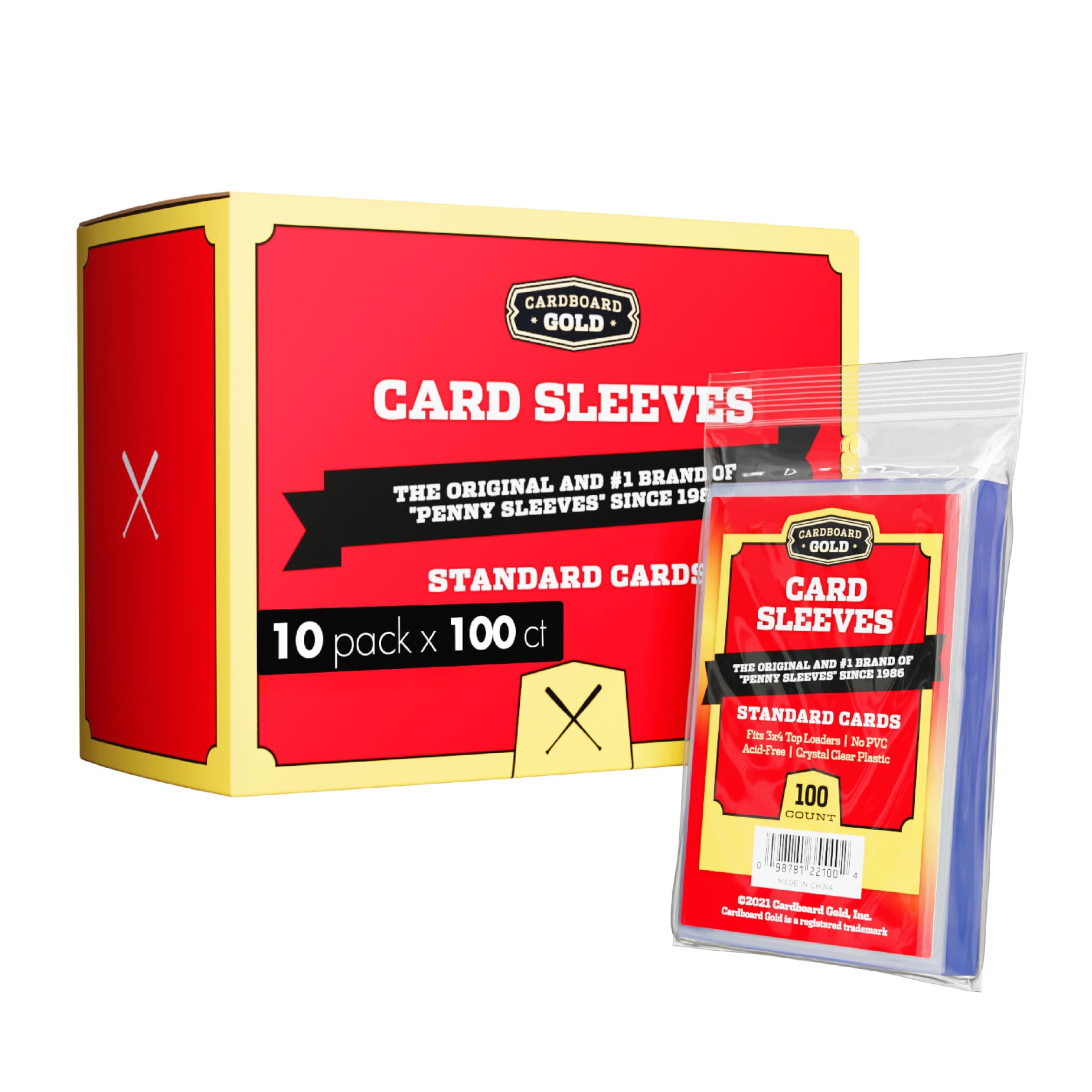 Cardboard Gold Penny Sleeves for Trading Cards - 1000 Count Card Protector Sleeves with Durable, Crystal-Clear Plastic for Baseball, Sports, Collector, Standard-Sized Cards 2-5/8” x 3-5/8” (67x94mm)