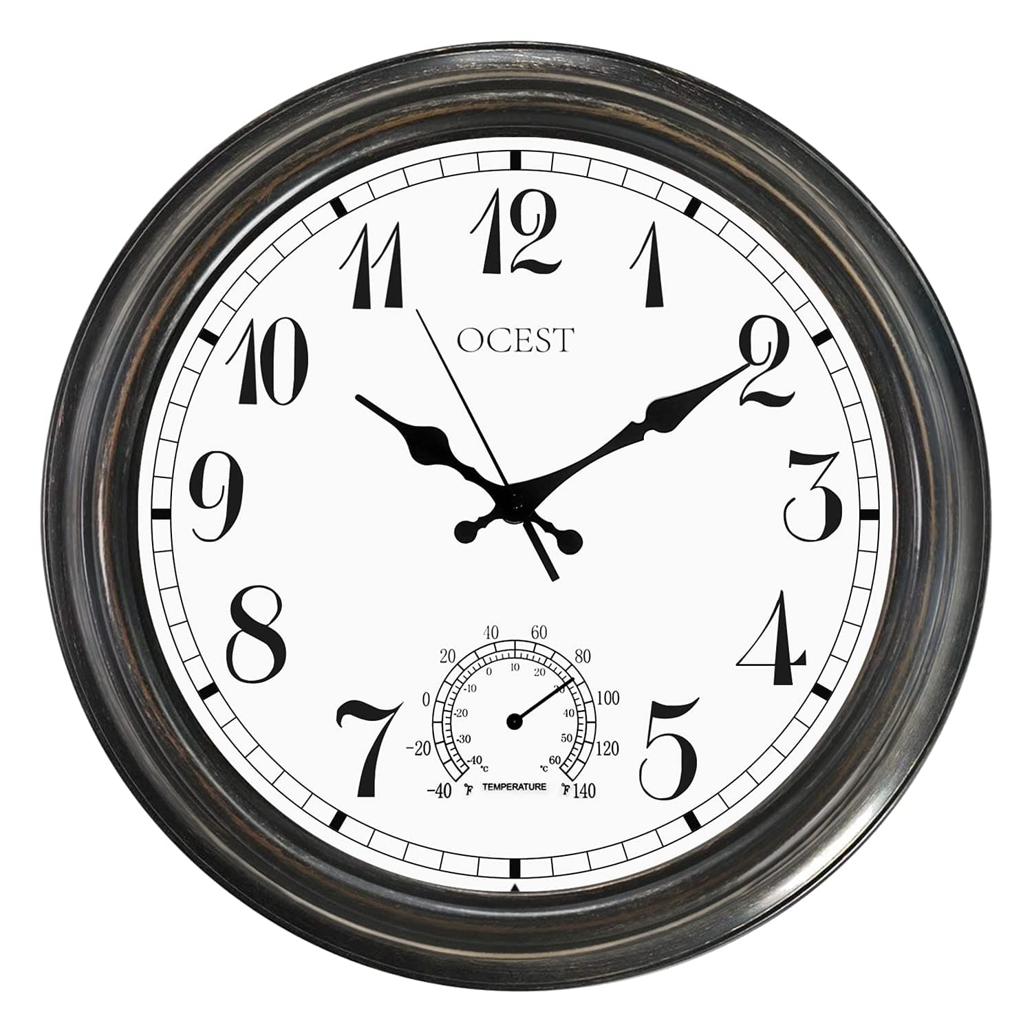 OCEST 16 Inch Large Indoor Outdoor Clock, Waterproof Wall Clock with Thermometer, Weather-Resistant Non-Ticking Battery Operated Decor for Patio Pool Porch Garden Bathroom