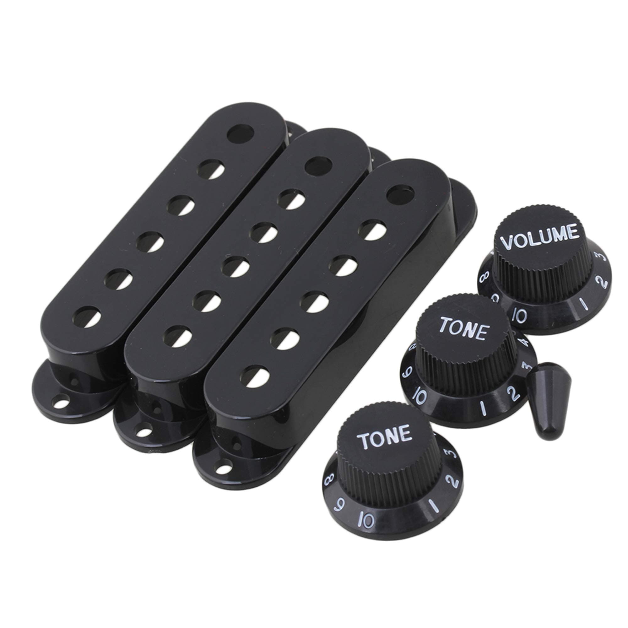 loguees 3 piece single coil pickup cover hole pitch, 48mm/50mm/52mm (1.89"/1.97"/2.05") with 1 volume 2 tone control knobs and switch head for electric guitar parts set black