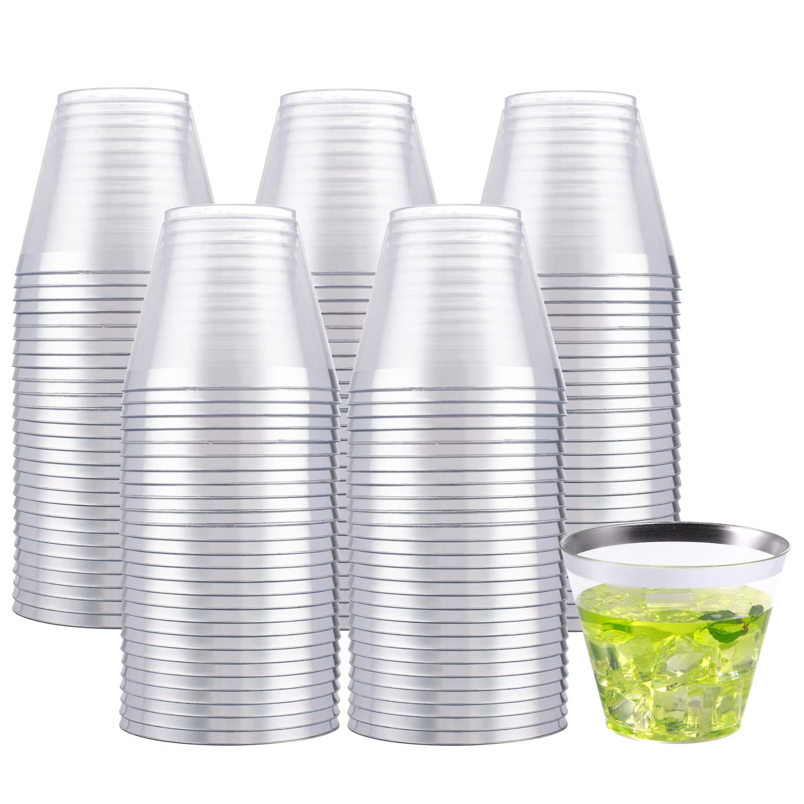 LUODA150 PCS Silver Plastic Cups Disposable,9oz Fancy Disposable Wedding Cups Tumblers, Elegant Party Cups with Silver Rim