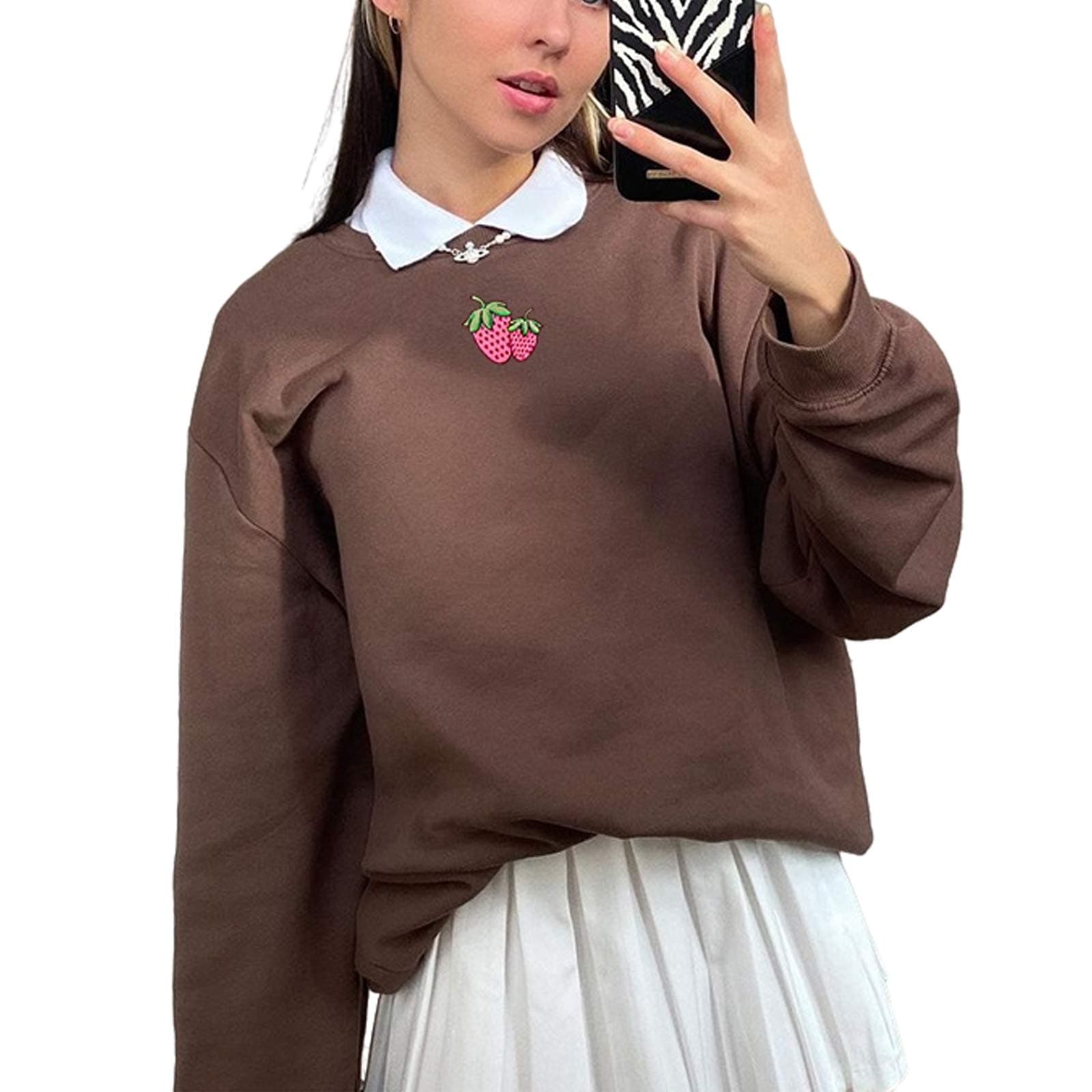 Women Vintage Long Sleeve Embroidery Strawberry Letter Crewneck Brown Oversize Sweatshirts