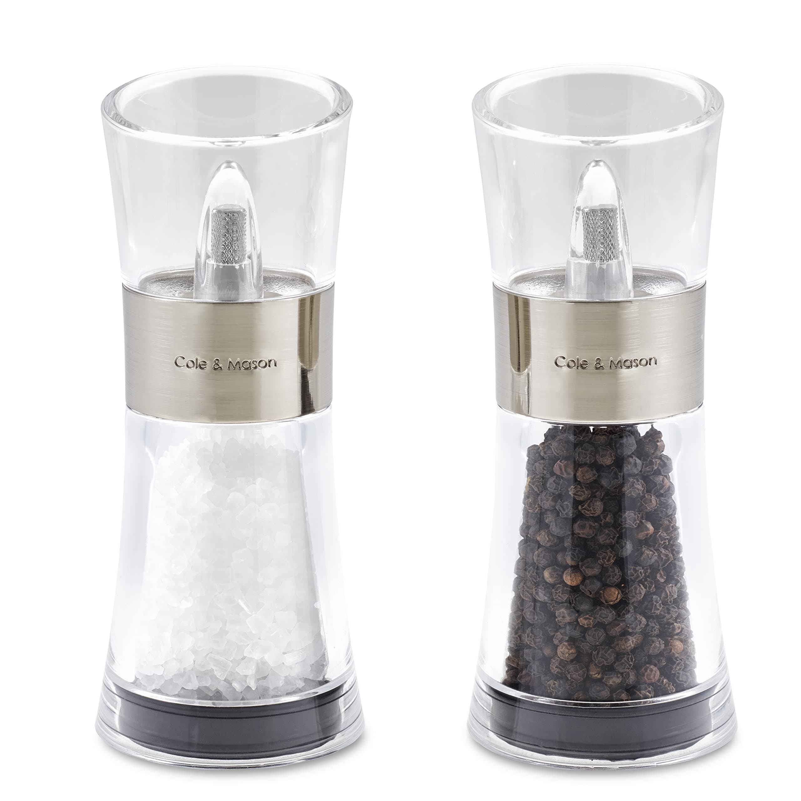 Flip 180 Chrome Salt and Pepper Mill Set, Adjustable Coarseness, Ceramic Mechanism, Acrylic, 154 mm, Filled Salt and Pepper Grinders