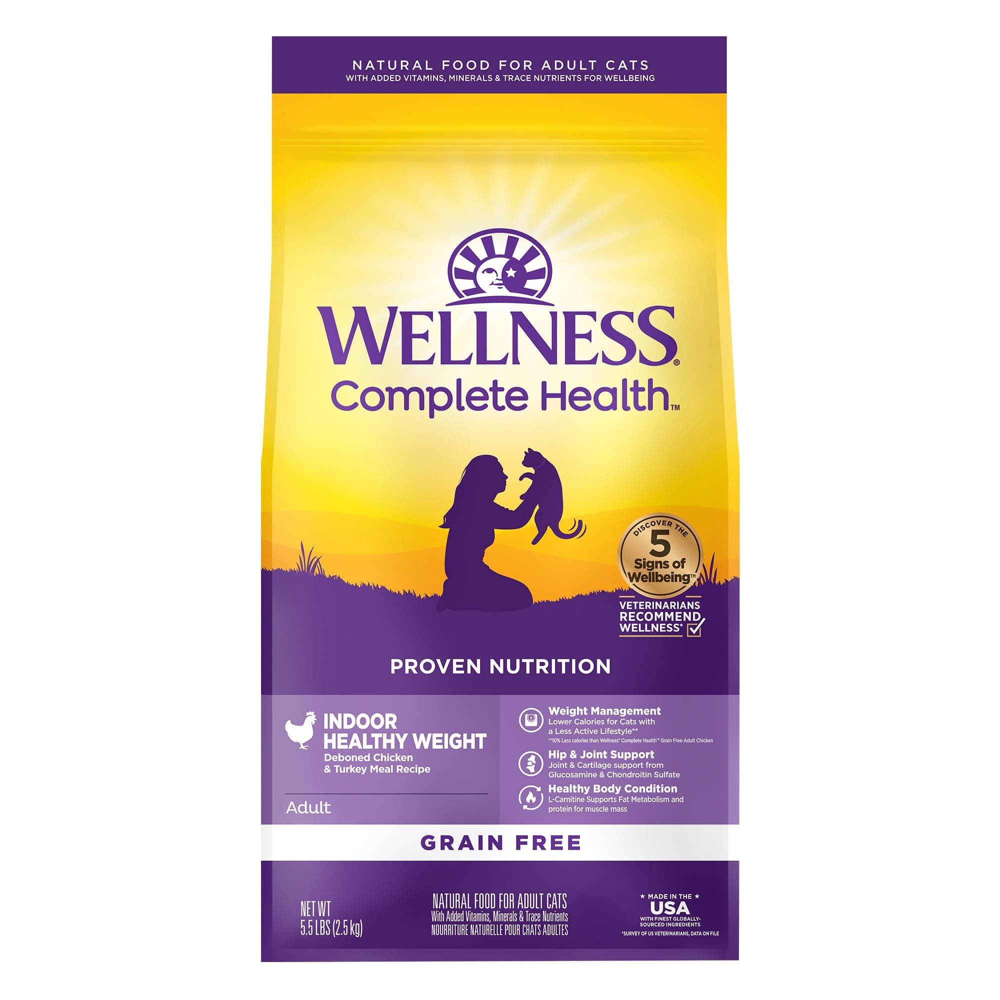 Wellness Complete Health Healthy Weight Adult Dry Cat Food for Indoor Cats, Natural, Grain Free Kibble, Chicken & Turkey Recipe, 5.5 lb Bag