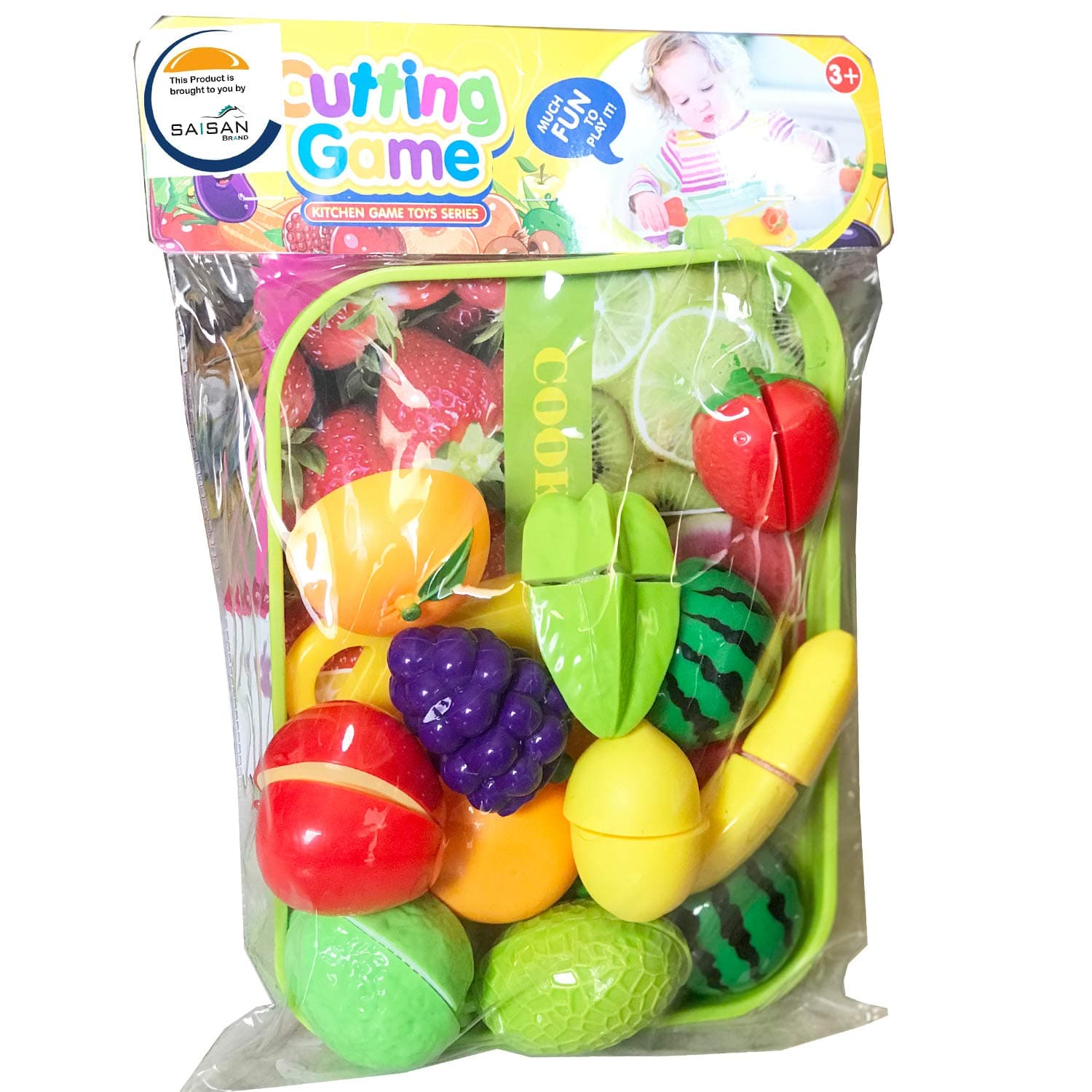 SAISAN Fruit Cutter Toys for Kids, Fruit & Vegetable Cutting Game Kitchen Toy 11 Pcs Set Can Be Cut in 2 Parts - Model 2211
