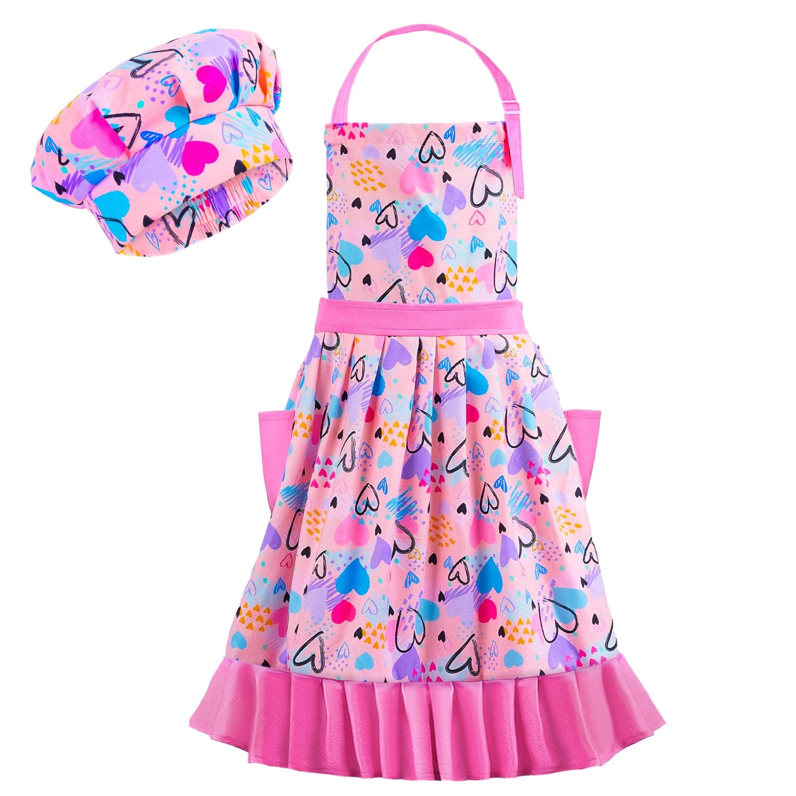 Kids Apron Hat Set for Girls Vintage Pleated Skirt Aprons with Adjustable Strap Pockets for Baking Cooking 8-12 Years