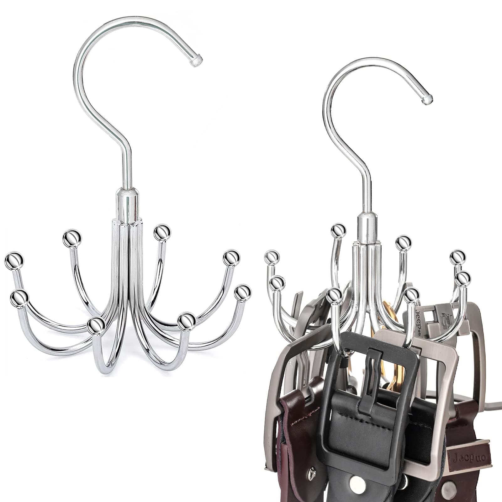 Belt Hanger for Closet, 2 Pack Rotatable Belt Rack Holder with Hooks, Hanging Tie Organizer, Space Saving Belt Organizer Hanger for Closet, Belt, Bra, Tank Top, Tie, Scarf, Purse（Silvery）