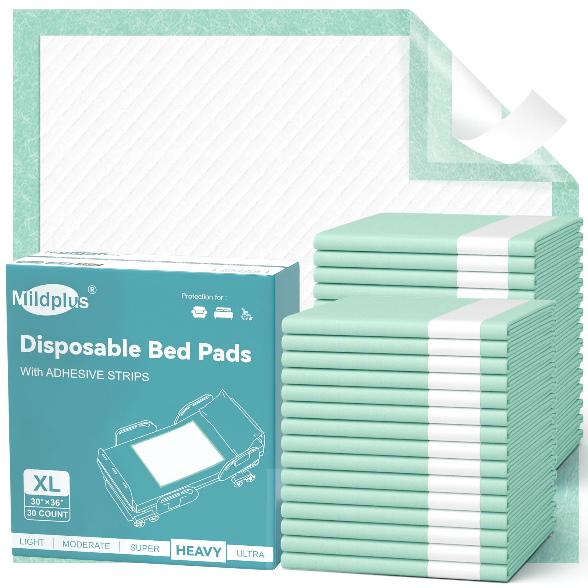 Bed Pads with Adhesive Strips 30''X36'', 30 Count Chucks Disposable Underpads Extra Large Thicker Incontinence Pads for Unisex Adult, Senior, Kids and Pet (with Adhesive )