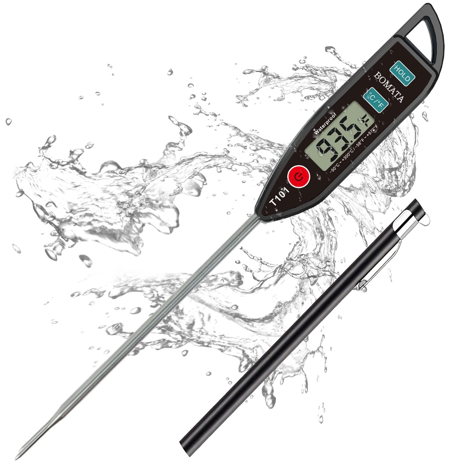 BOMATA Digital Water Thermometer for Water, Liquid, Candle and Cooking. Instant Read Food Thermometer Waterproof IPX7 with Long Probe for Cooking, Meat, BBQ! T101 (Black Color)…