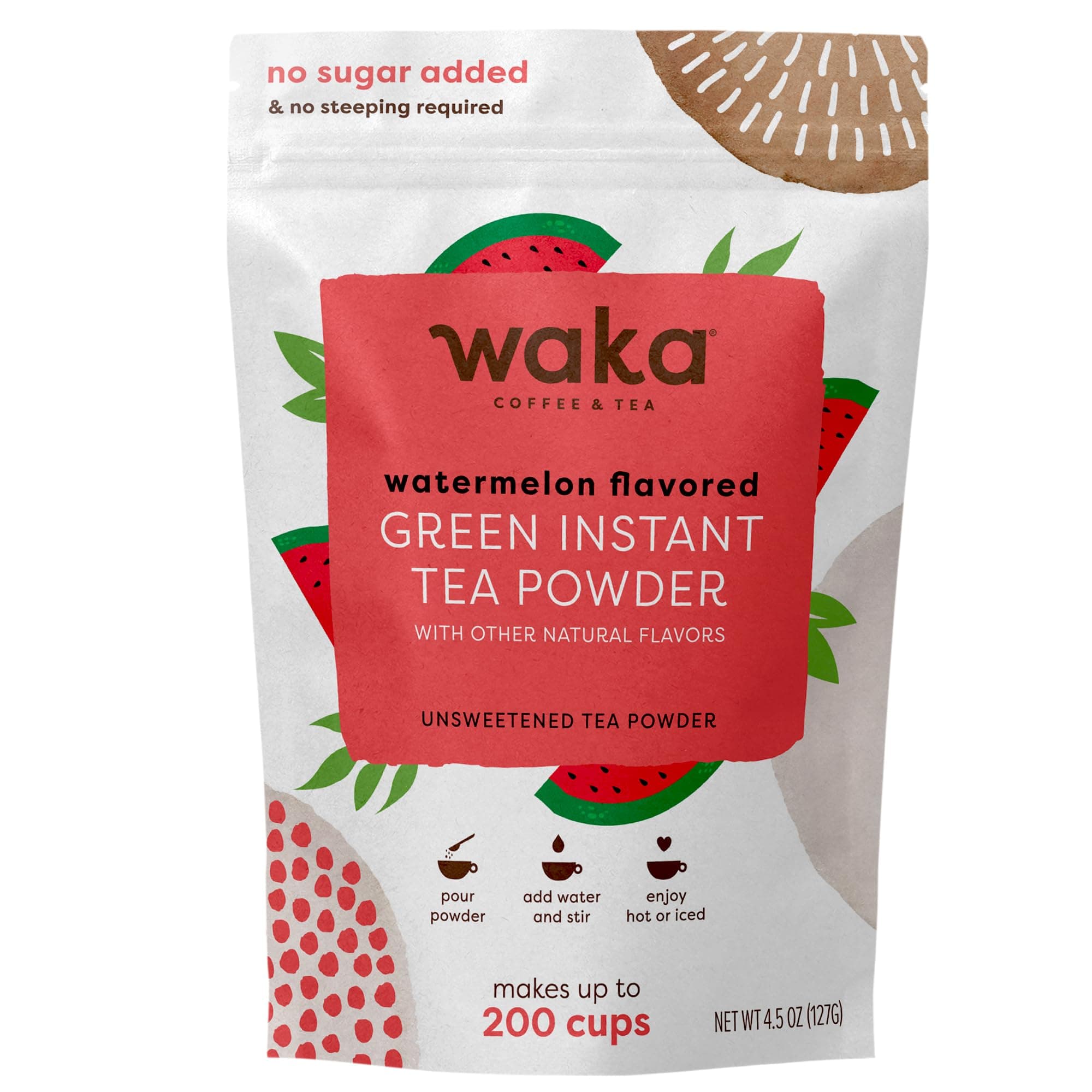 Waka Instant Green Tea Mix, Watermelon Flavored - 100% Tea Leaves, No Additives, Unsweetened Tea Powder in Bulk Pouch – Easy Quick Hot and Iced Teas, Up to 200 Cups (4.5oz)