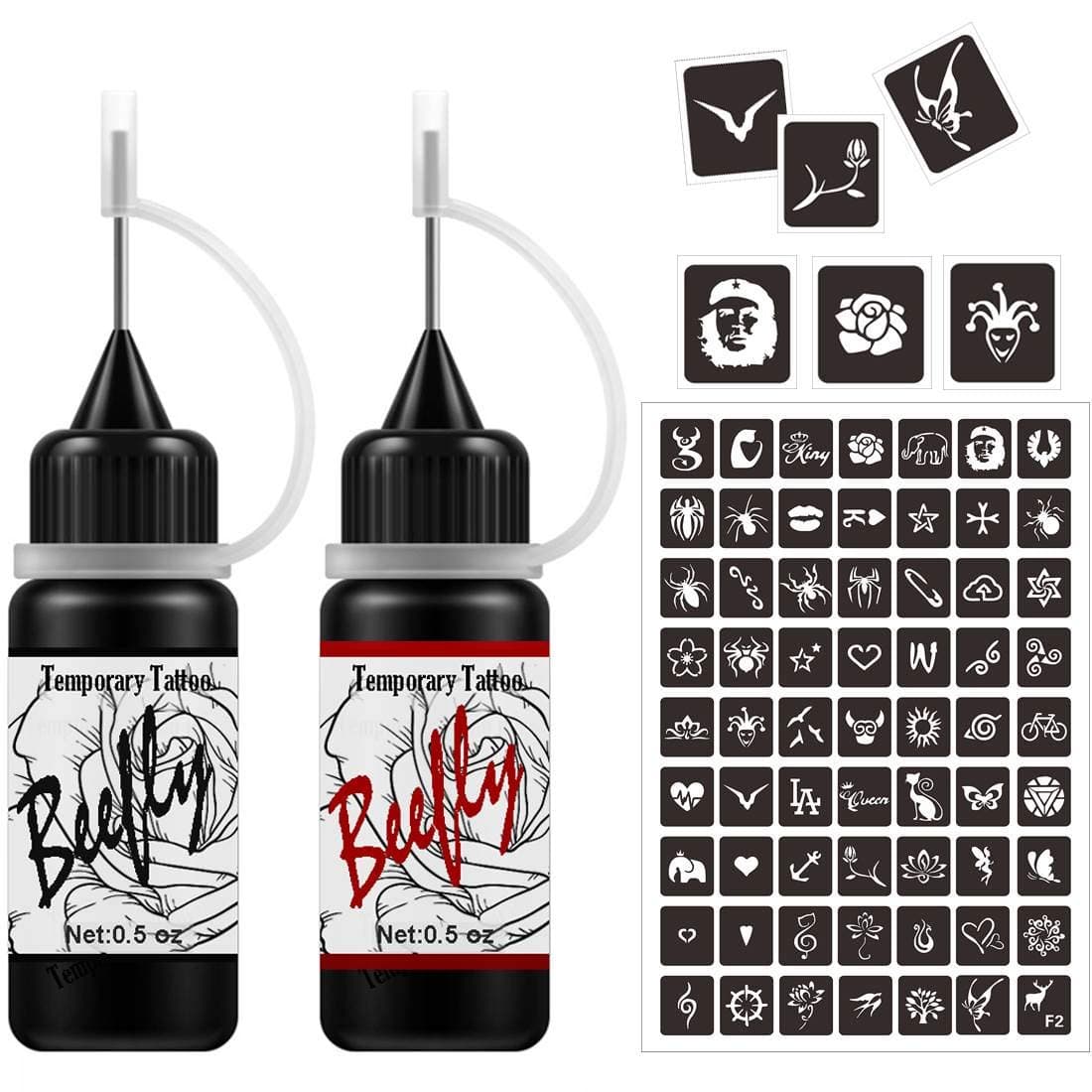 Temporary Ink Kit, Semi Permanent Freehand Ink/Paste, DIY Temp for Kids Women Adults 24 Pcs Free Adhesive Stencils, For DIY Fake Freckle,Full Kit 2 Color