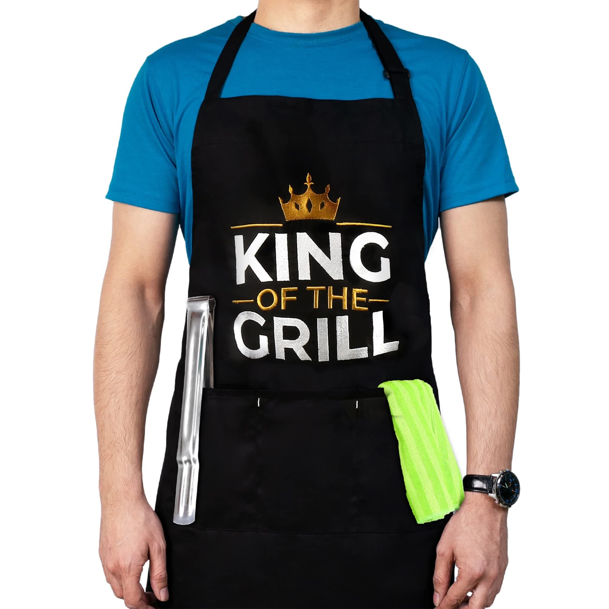 KING OF THE GRILL Aprons for Men - Embroidered - Funny BBQ Apron - 32” L x 28” W Adjustable Black Apron with Pockets - Durable Cotton - Flexible Sizing