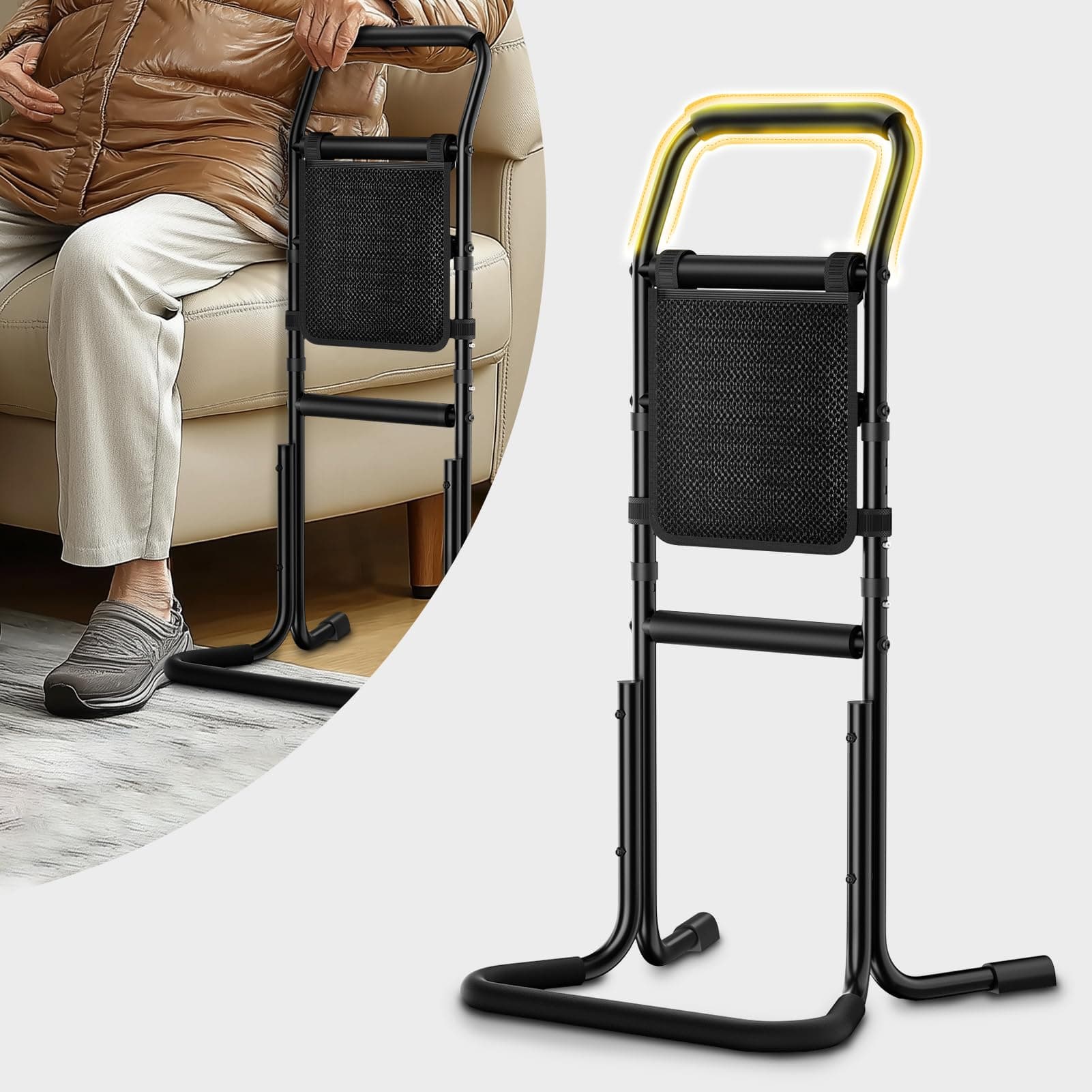 Stand Assist Aid for Elderly - Adjustable Mobility Aids with Sturdy Widened Base& Flat Anti-Slip Feet for Chair, Couch, Toilet, Portable Stand Up Grab Bar with Foam Padded Handles& Storage Pocket
