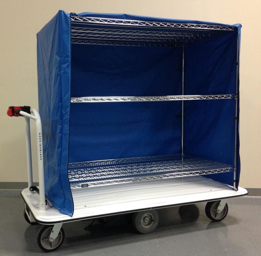 Pony Express Motorized Stock Cart, 2000 lb. Capacity, 54" High Shelving Unit with Blue Vinyl Cover MCSC-306020-54