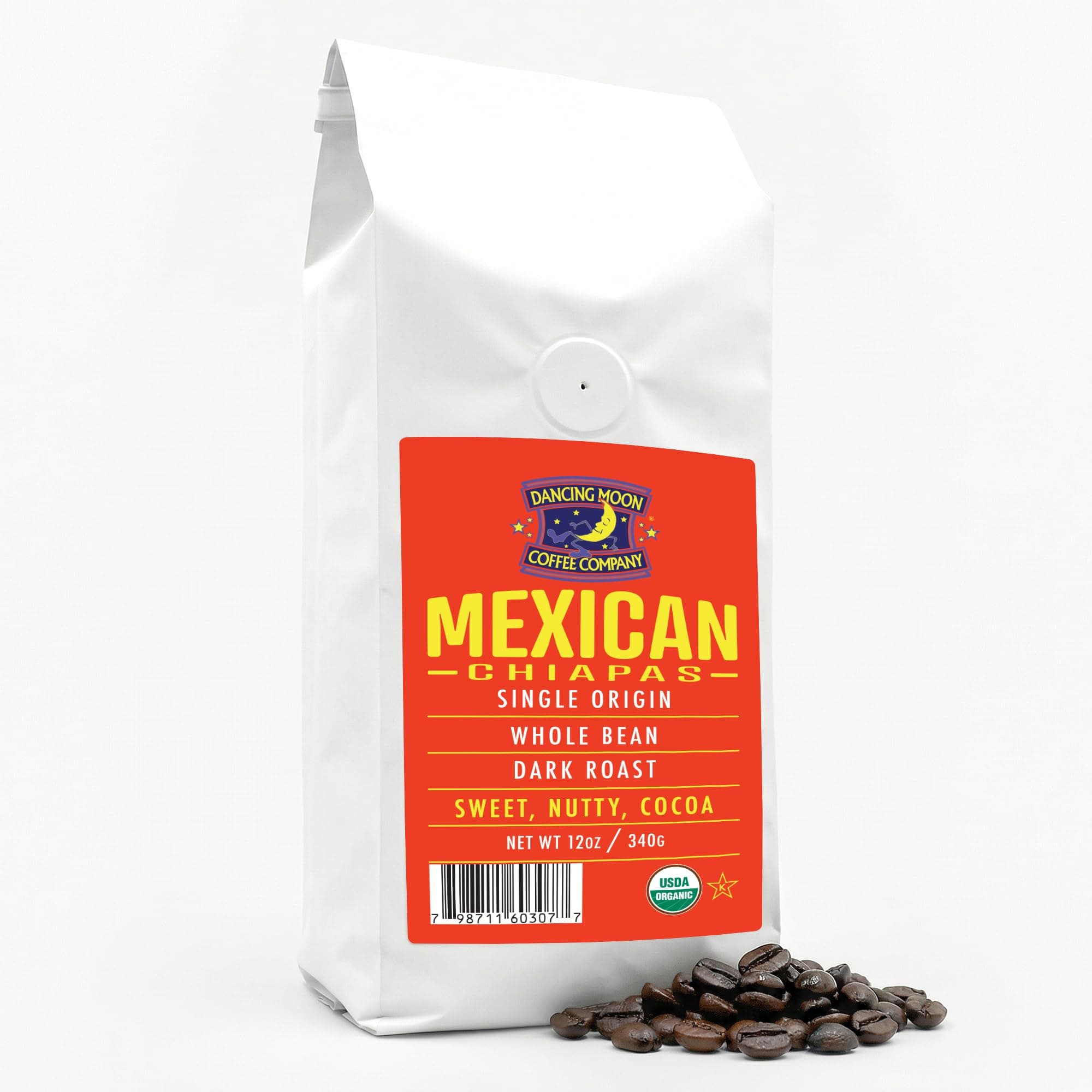 12 Oz. Dancing Moon Dark Roast, Mexican Chiapas Organic Whole Bean Coffee
