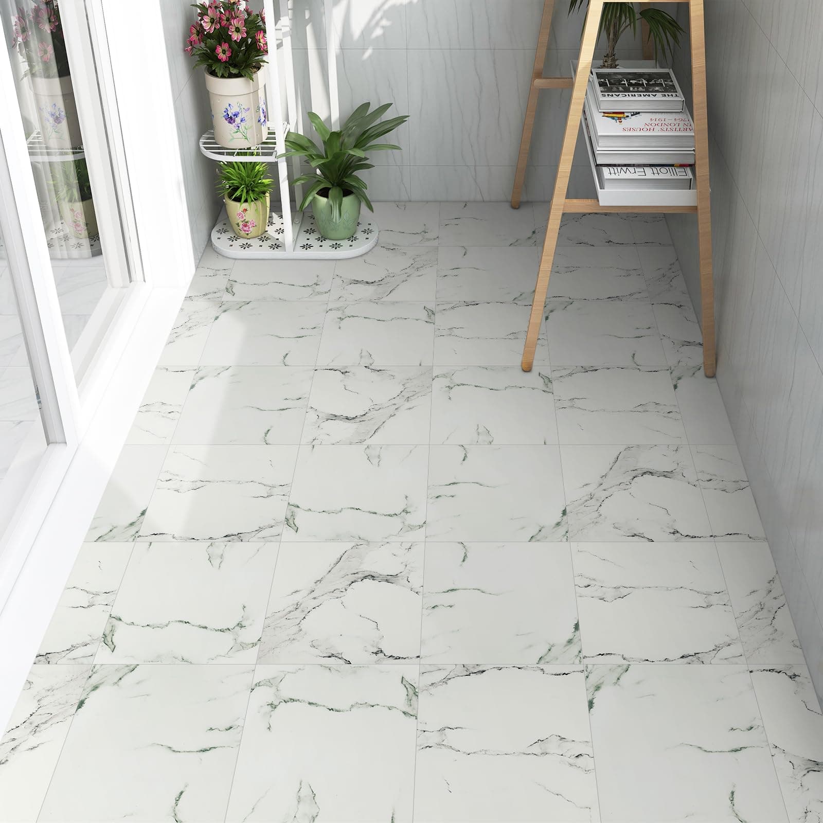 Floor Tiles Self Adhesive Floor Tile Vinyl Flooring, Peel and Stick Floor Tiles Waterproof Marble Effect for Bathroom Kitchen Living Room Inner Porch, 30x30cm 1.0mm 10pcs(0.9㎡)