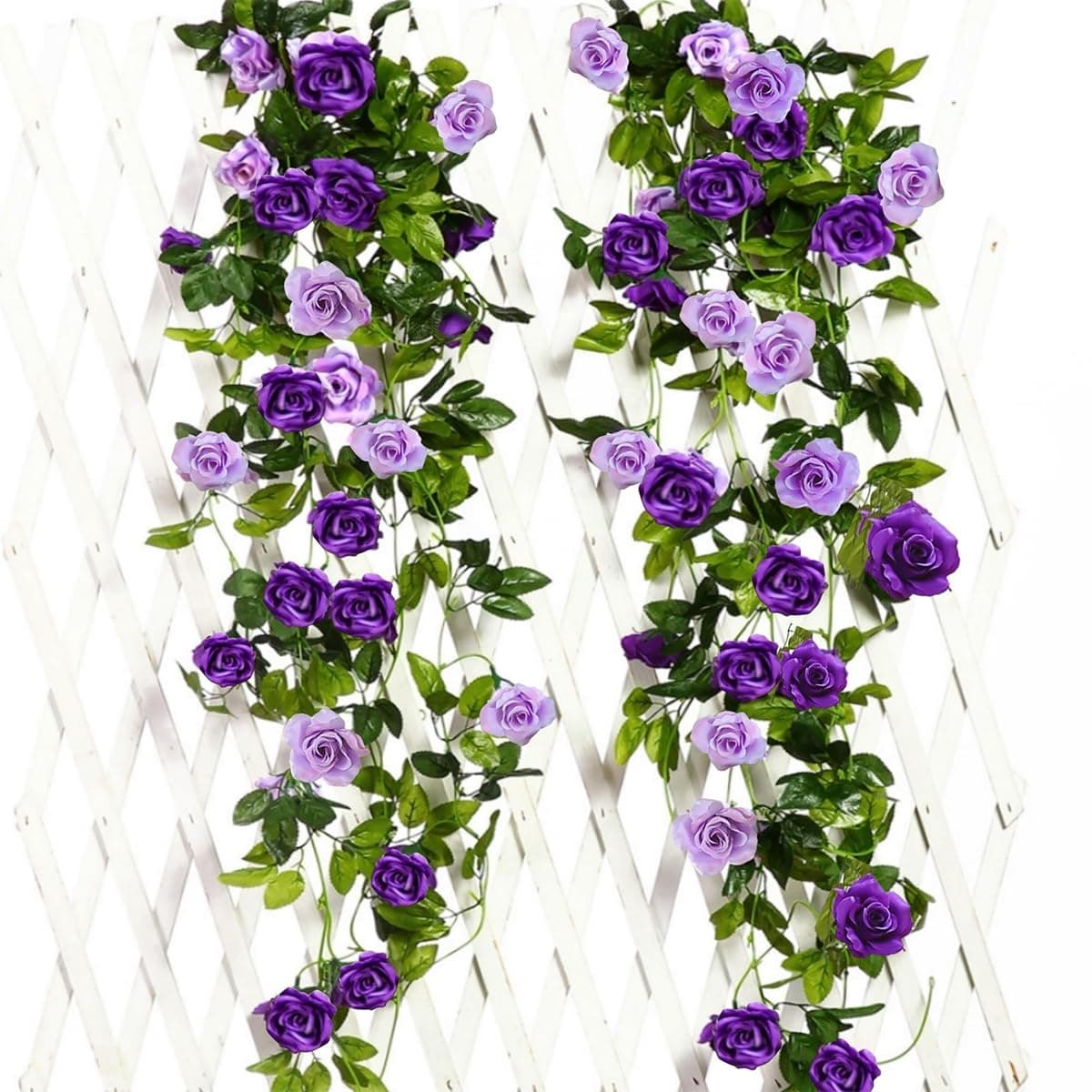 JUSTOYOU 2pcs 7.8FT Two-tone Artificial Fake Rose Garland Wine Hanging Silk Flower Artificial Flower for Outdoor and Indoor Wedding Wall Bad Decoration (Purple)