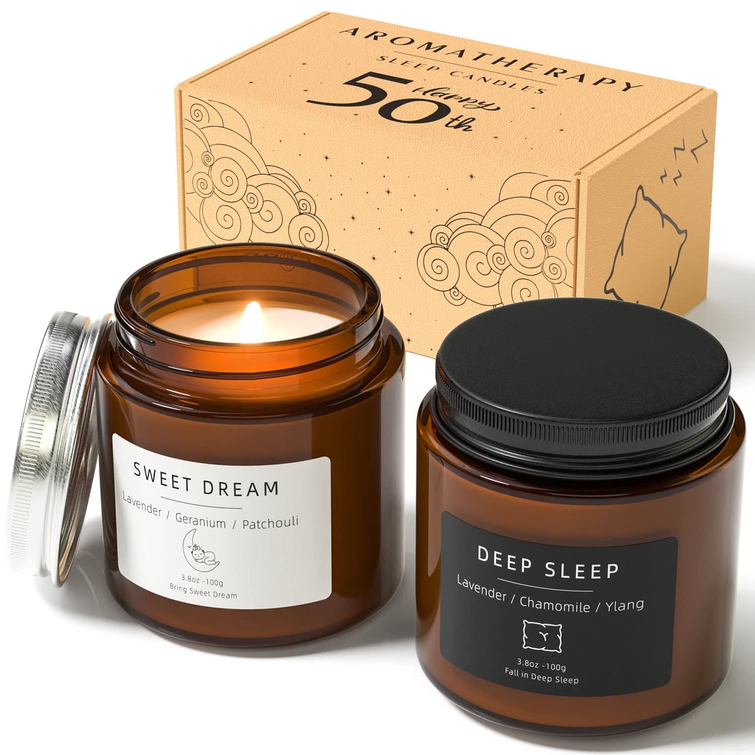 BOYUJK Sleep Candles 50th Birthday Gift Set for Women, Lavender Scented Candles for Anxiety, Lavender Promotes Sleep, Chamomile Relieves Stress, Relaxation Gifts for Women