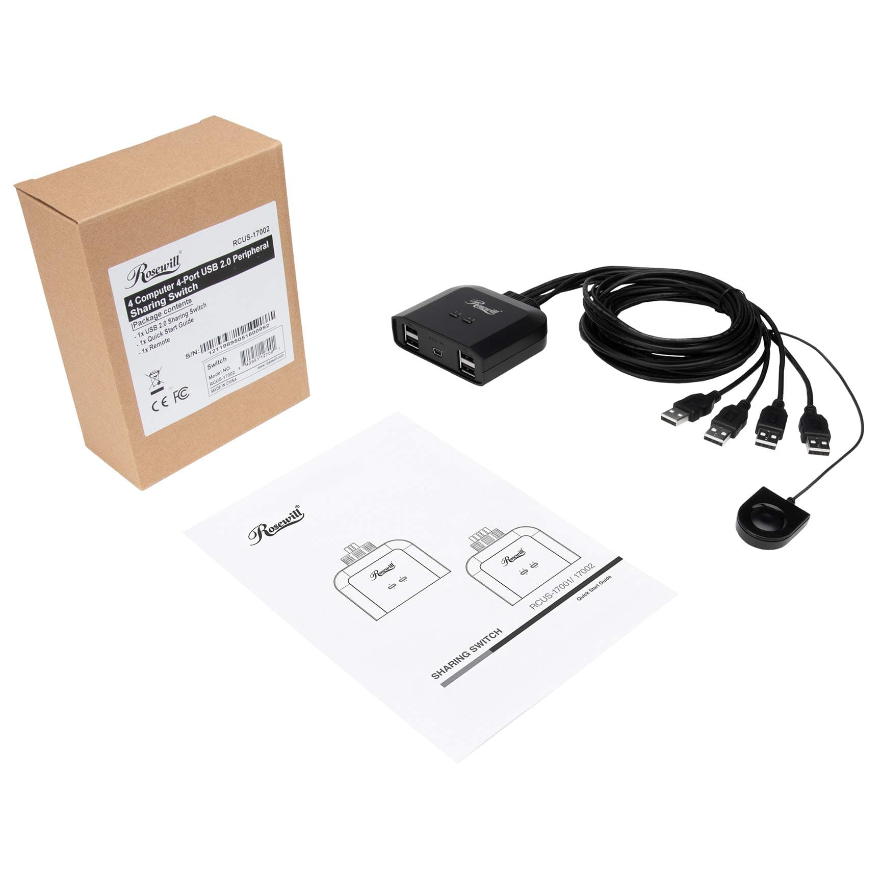 Rosewill USB 2.0 Sharing Switch Box, 4 Port USB 2.0 Peripheral Sharing Switch Hub Adapter for 4 PC Computers to Share USB Devices via PC Select Controller w/ 70-inch Cable - RCUS-17002