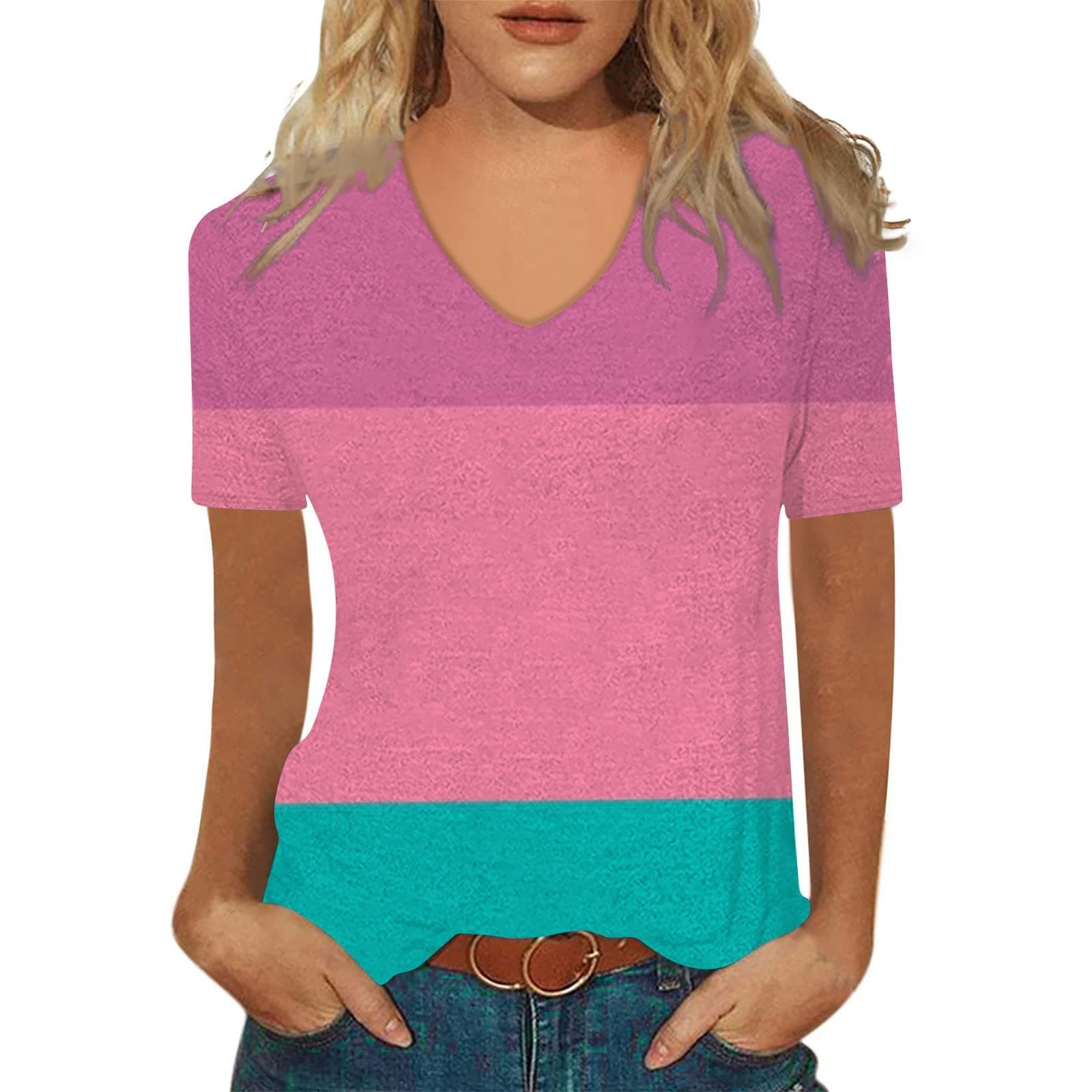 GenericWomen's Casual Short Sleeve T-Shirt Printed V-Neck Imitation Cotton Tops Summer Loose Comfortable Blouse Tees